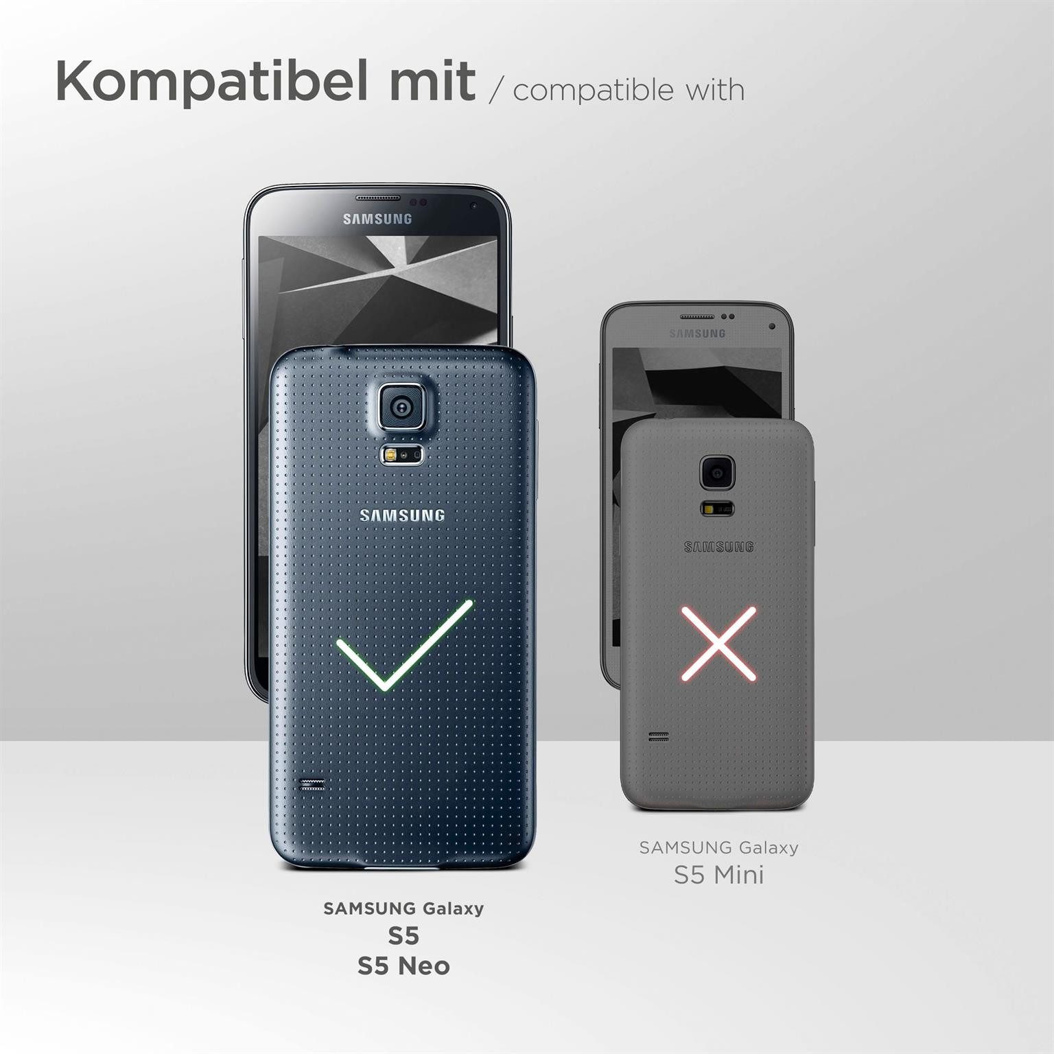 moex Handyhülle für Samsung Galaxy S5 Neo Hülle Klappbar Flip Case Schwarz 5,1 Zoll, 360 Grad Schutz Handytasche Leder Optik PU Lederhülle Cover Klapphülle