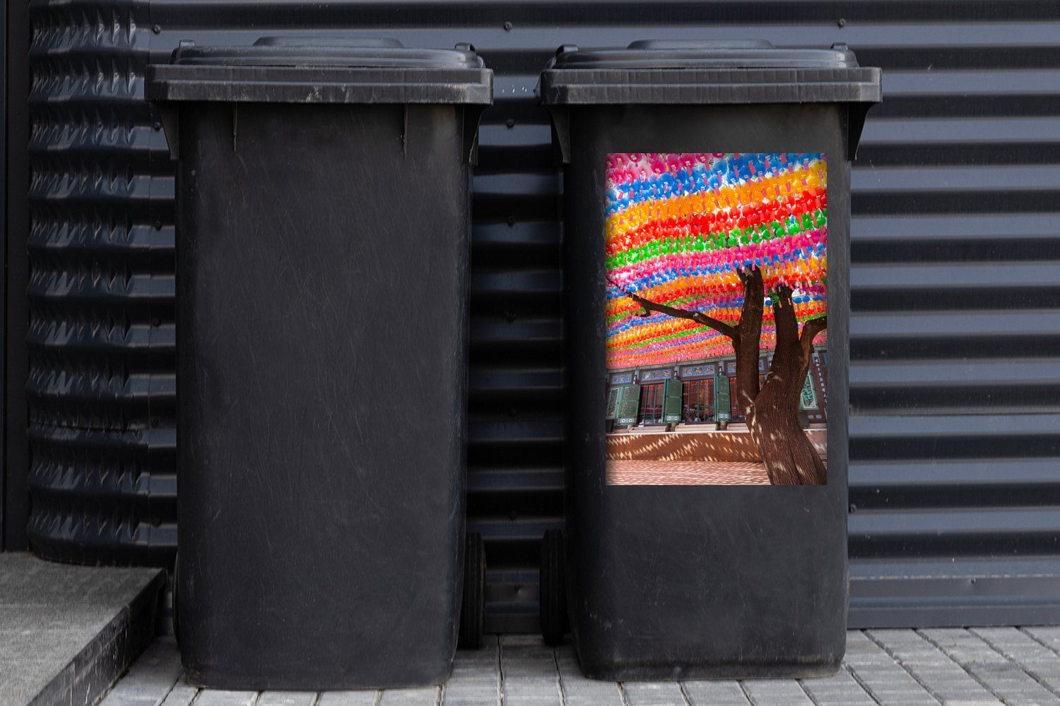 Mülltonne, Baum (1 Wandsticker in Südkorea Abfalbehälter mit Sticker, Mülleimer-aufkleber, St), Container, bunten MuchoWow Laternen