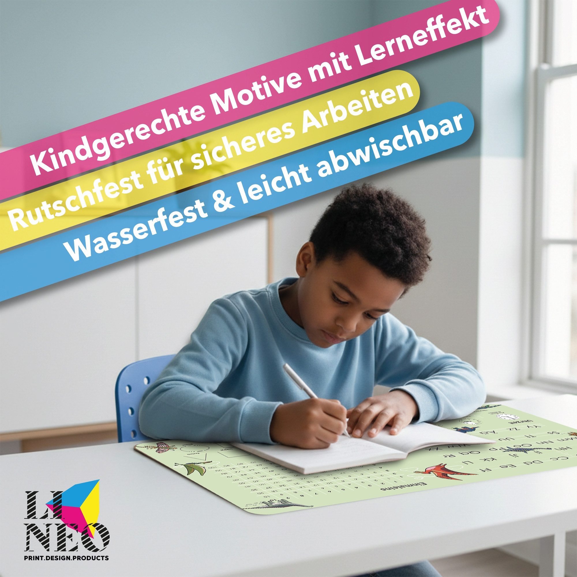 Lineo Schreibtischunterlage Tischunterlage & Malunterlage für Kinder 80x40 cm abwischbar, (Robuste Malunterlage Schreibtisch Unterlegmatte)