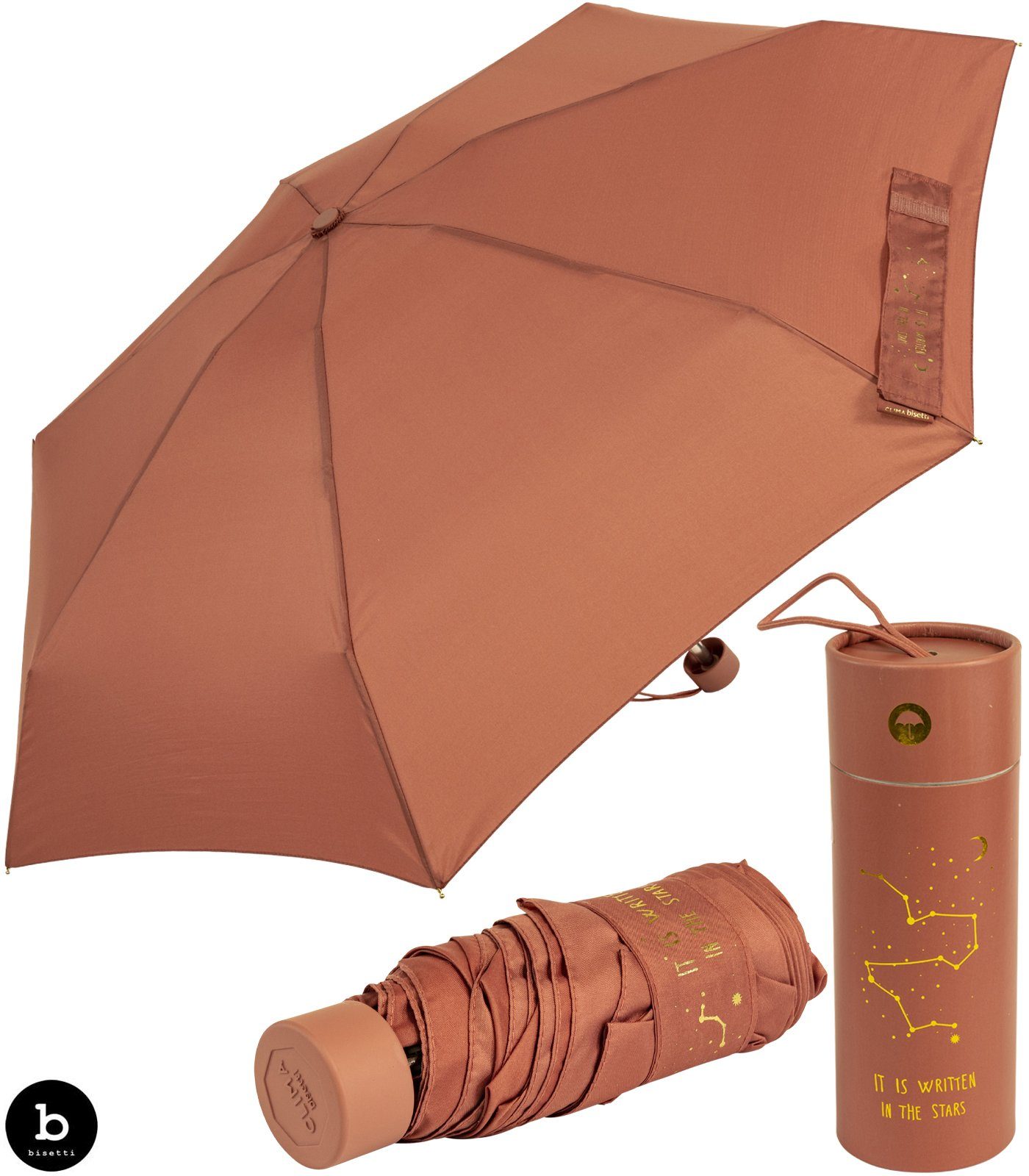 bisetti Taschenregenschirm Damen-Regenschirm, klein, stabil und Schließband goldenem Aufdruck braun, auf dem kompakt, mit