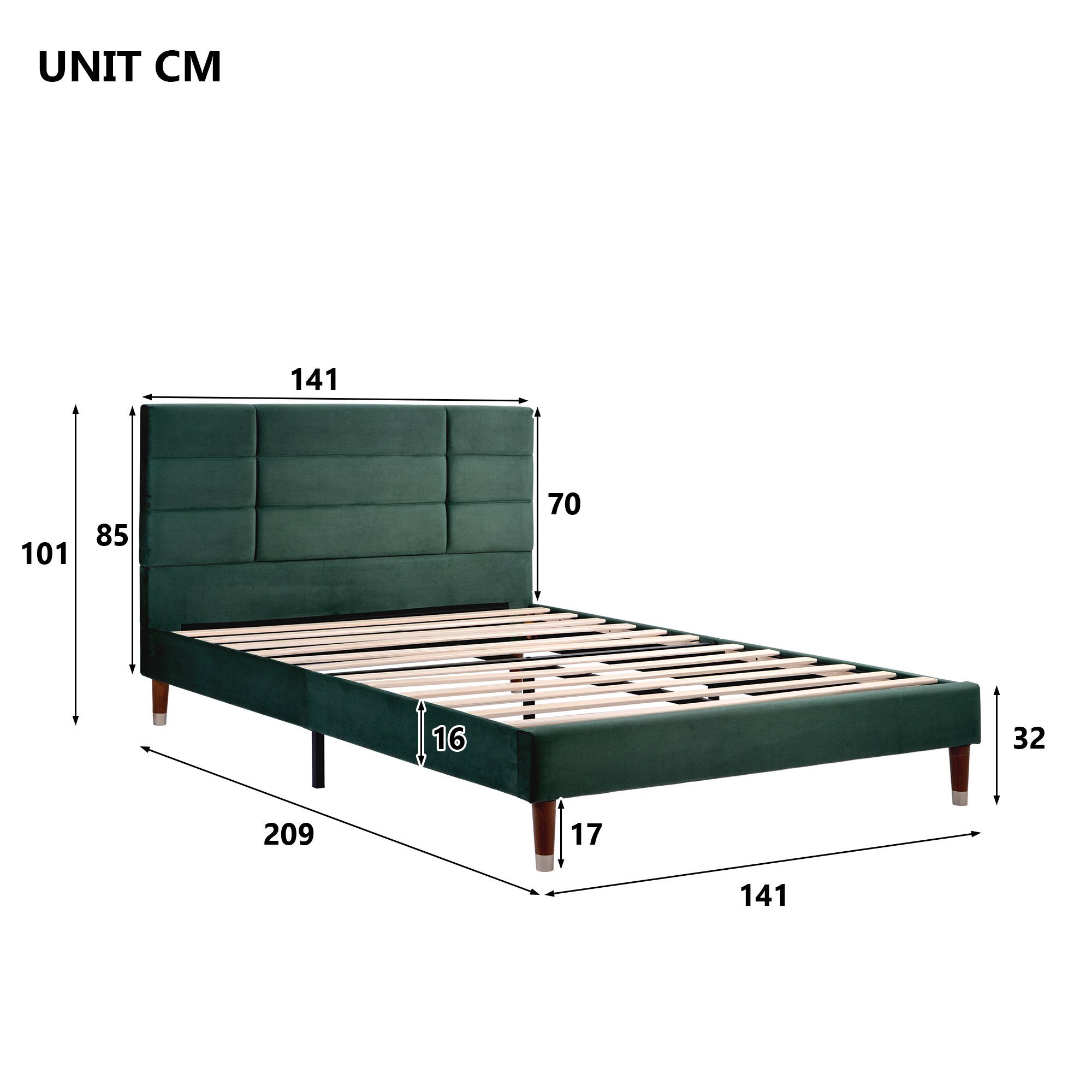 Massivholzbett oder Funktionsbett Matratze) Holzbett 140x200cm Polsterbett Grün REDOM Bett ohne Doppelbett (mit Matratze