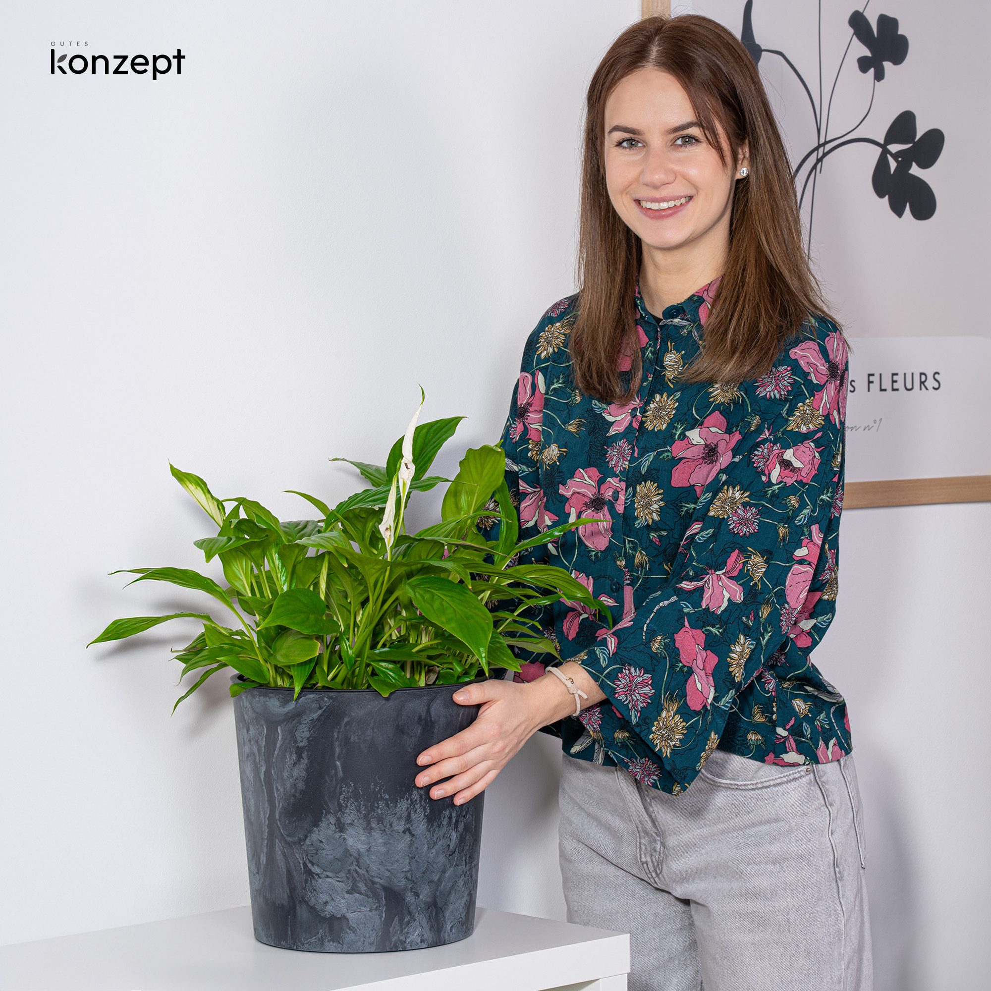KONZEPT Blumentopf Ø 25 cm mit Einsatz aus Kunststoff in Beton-Optik, Drainagesystem, Indoor, Outdoor, UV-beständig