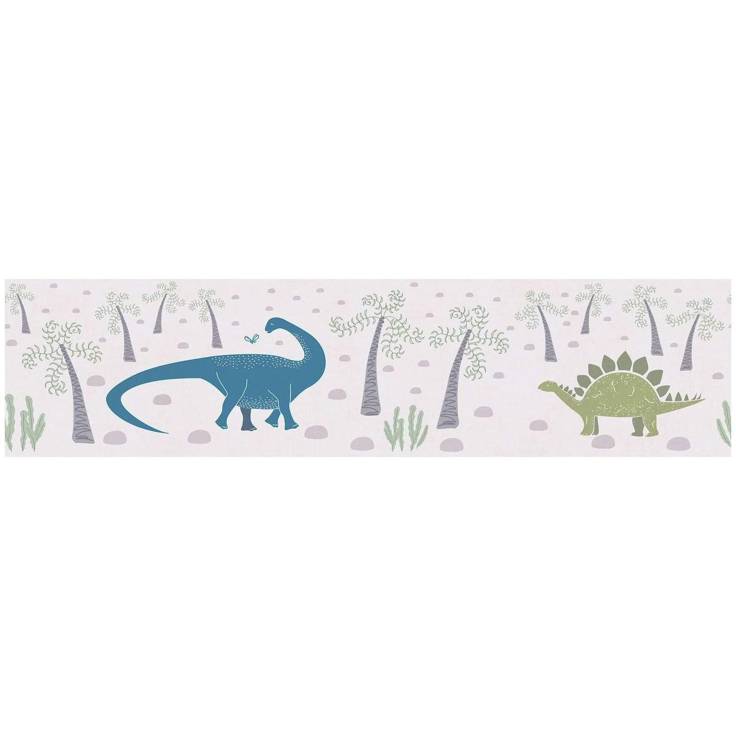 Profhome Bordüre 771411-GU Kinderzimmer Tapete Dinosaurier matt grau creme-weiß grün, glatt, (1 Rolle, 0,65 qm), Vlies-Bordüre, bunt