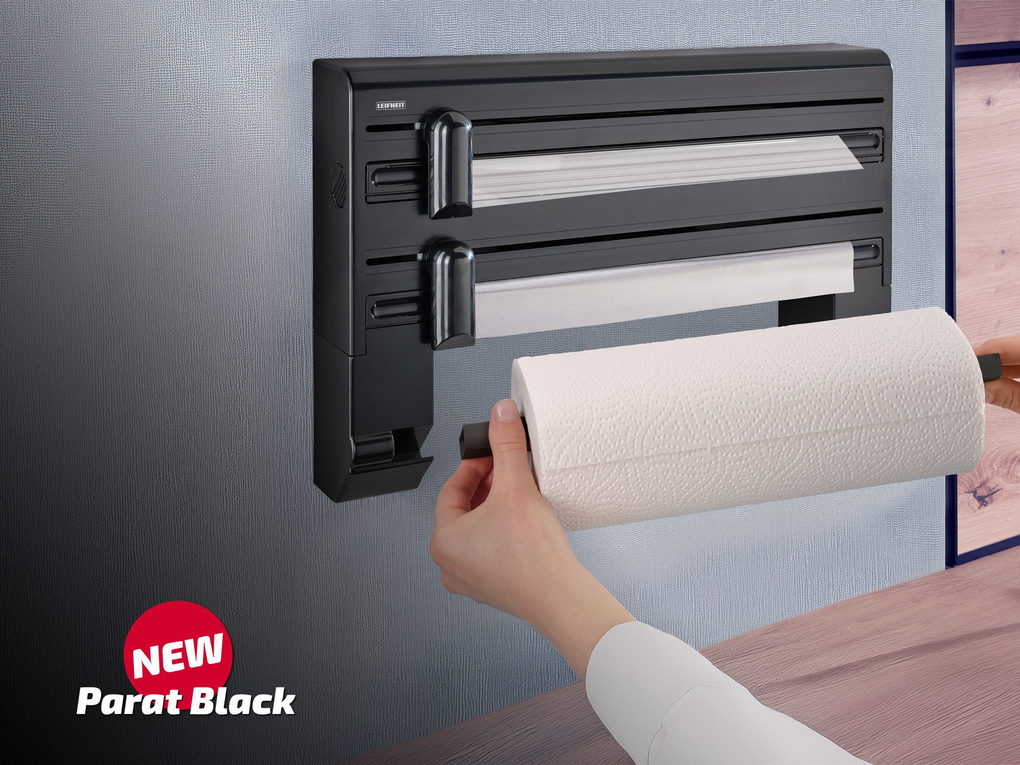 Leifheit Wandrollenhalter Wandrollenhalter Parat Black, (1-St), Für 3 Rollen, messerscharfe Klingen, modernes Design – Bild 4 von 5