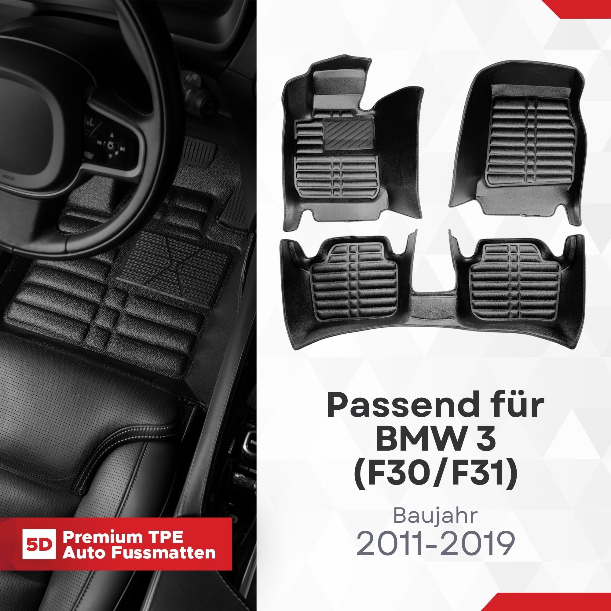 fussmattenprofi.com Auto-Fußmatte 5D Premium Auto Fußmatten TPE Set für BMW 3 (F30/F31) ab 2011-2015 (1 St), für BMW BMW 3