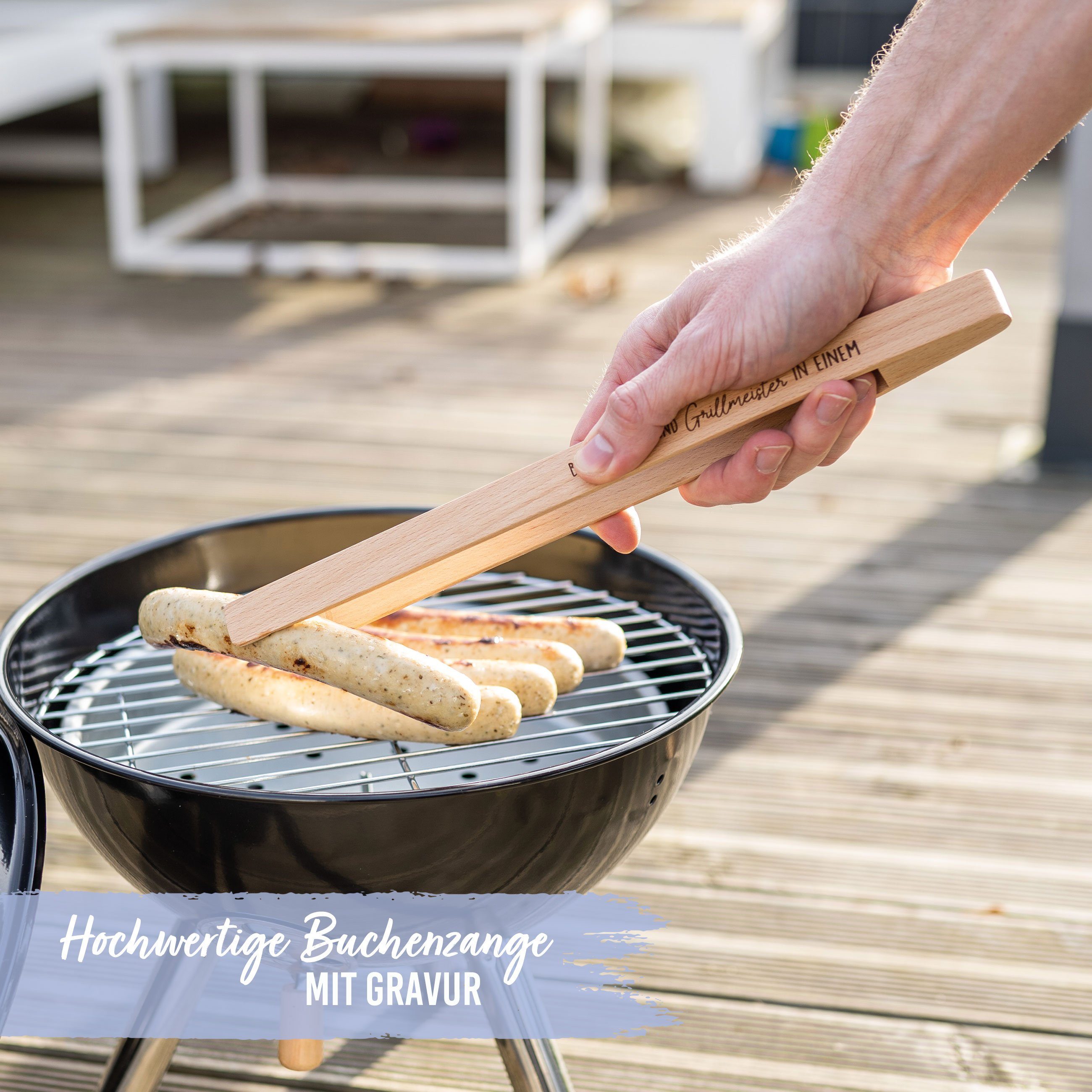 PAPIERDRACHEN Grillzange Grillzange zum Vatertag für Papa oder Opa - originelles Geschenk, hochwertige Buchenzange