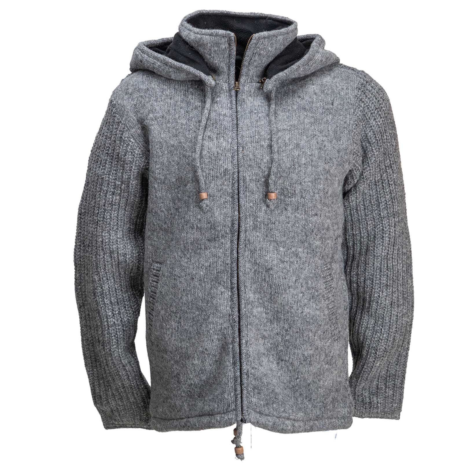 KUNST UND MAGIE Strickjacke Strickjacke Schurwolle Klassich Nordisch Wolle +Kapuze Kragen Grau