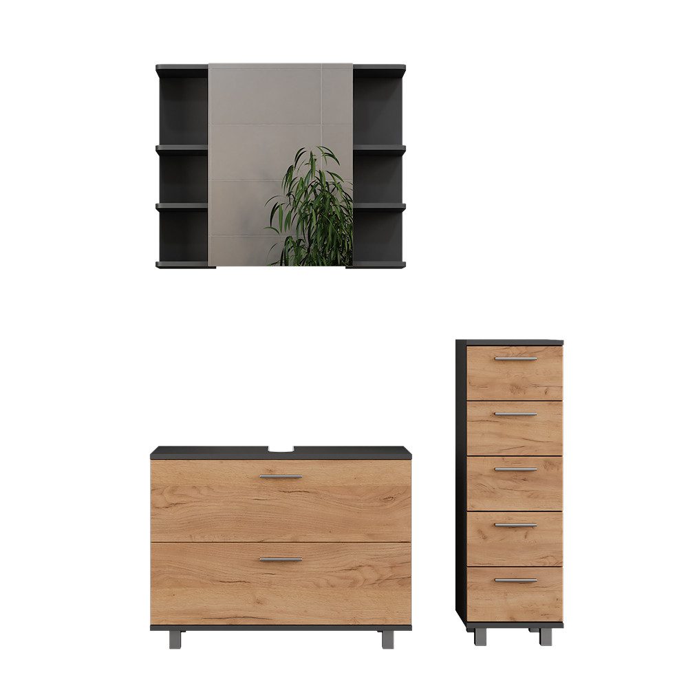 Vicco Badmöbel-Set Ilias, Goldkraft Eiche/Anthrazit/Anthrazit, 3 günstig online kaufen