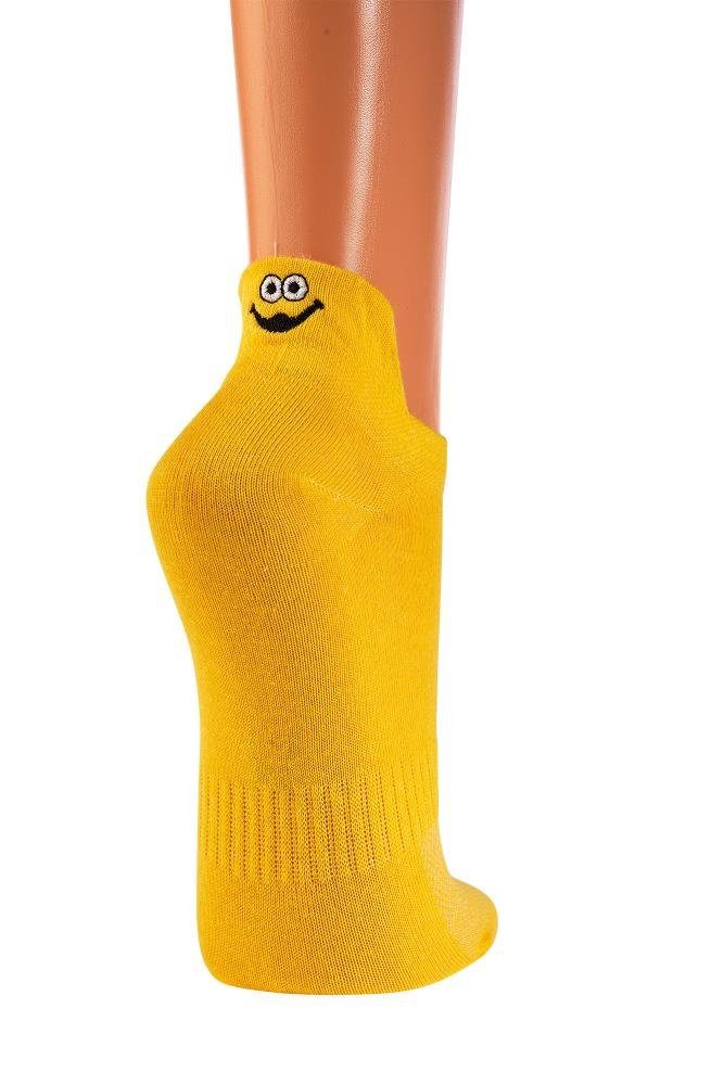 & Paar Sneakers Smiley Sneakersocken mit Fersen-Stick 3 mit Herren Damen Socken Smiley Unisex FussFreunde Gelb