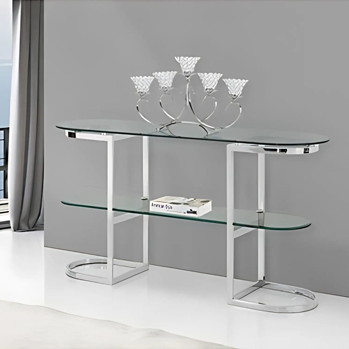alesvelt Ablagetisch Catania mit silbernem Edelstahlgestell und Glasplatten 150cm (1-Tisch), 150x45x80 cm