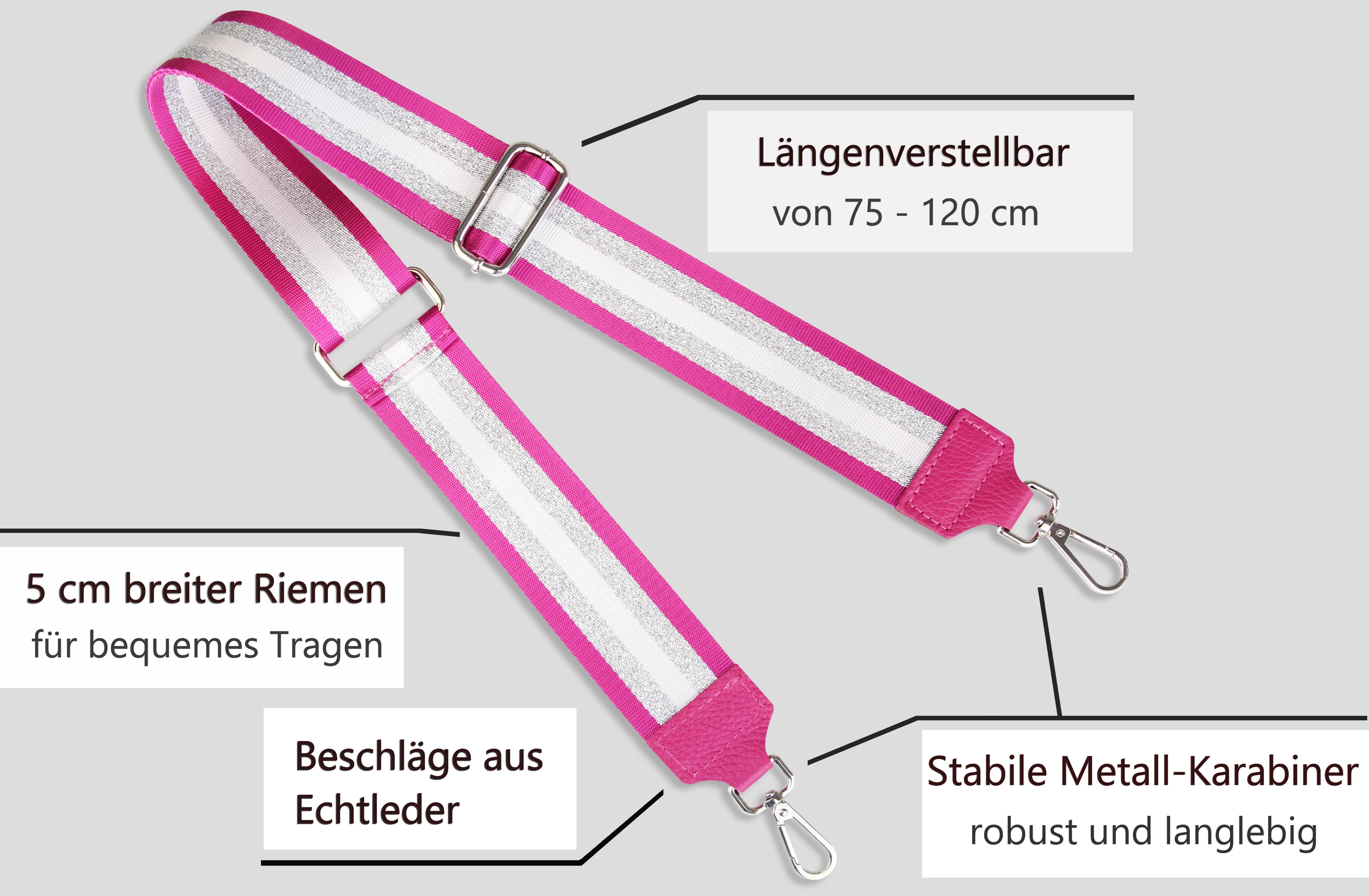 Pink Muster: Taschen, Silber MADE verstellbarer Frentree IN Schultergurt breiter Gurt, Schulterriemen ITALY, Gestreift 5cm für