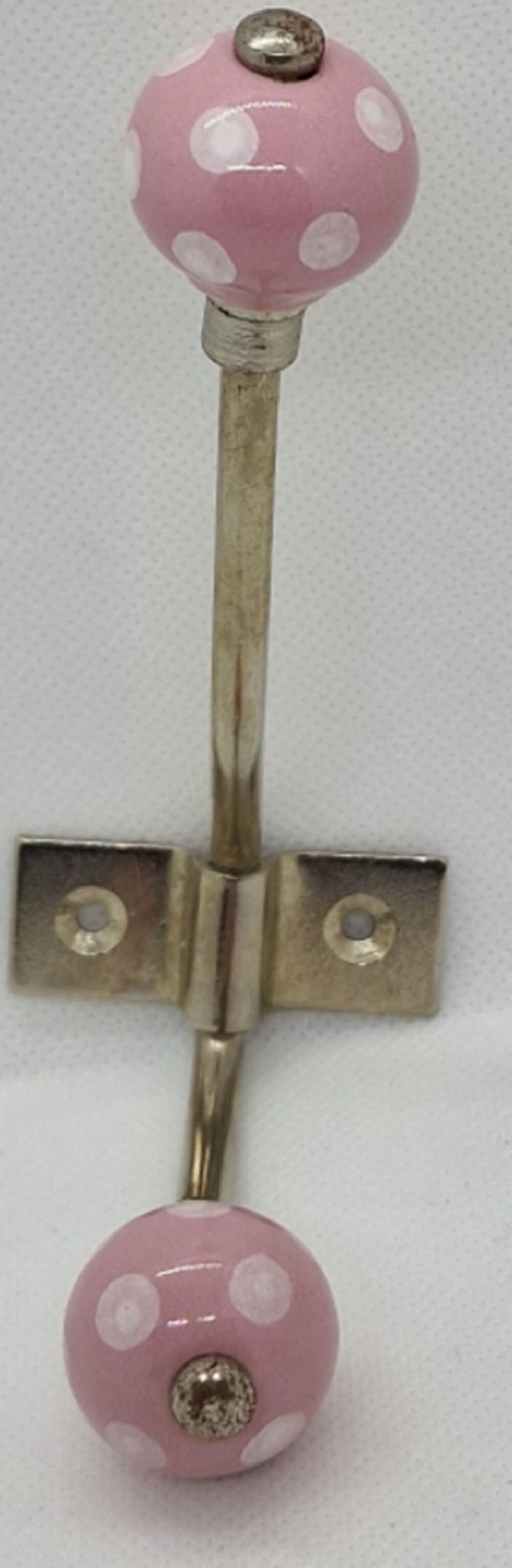 Gisela Graham Wandhaken Doppelhaken aus Stahl mit Keramikkugeln in ROSA und weißen Punkten, (1 x Haken)