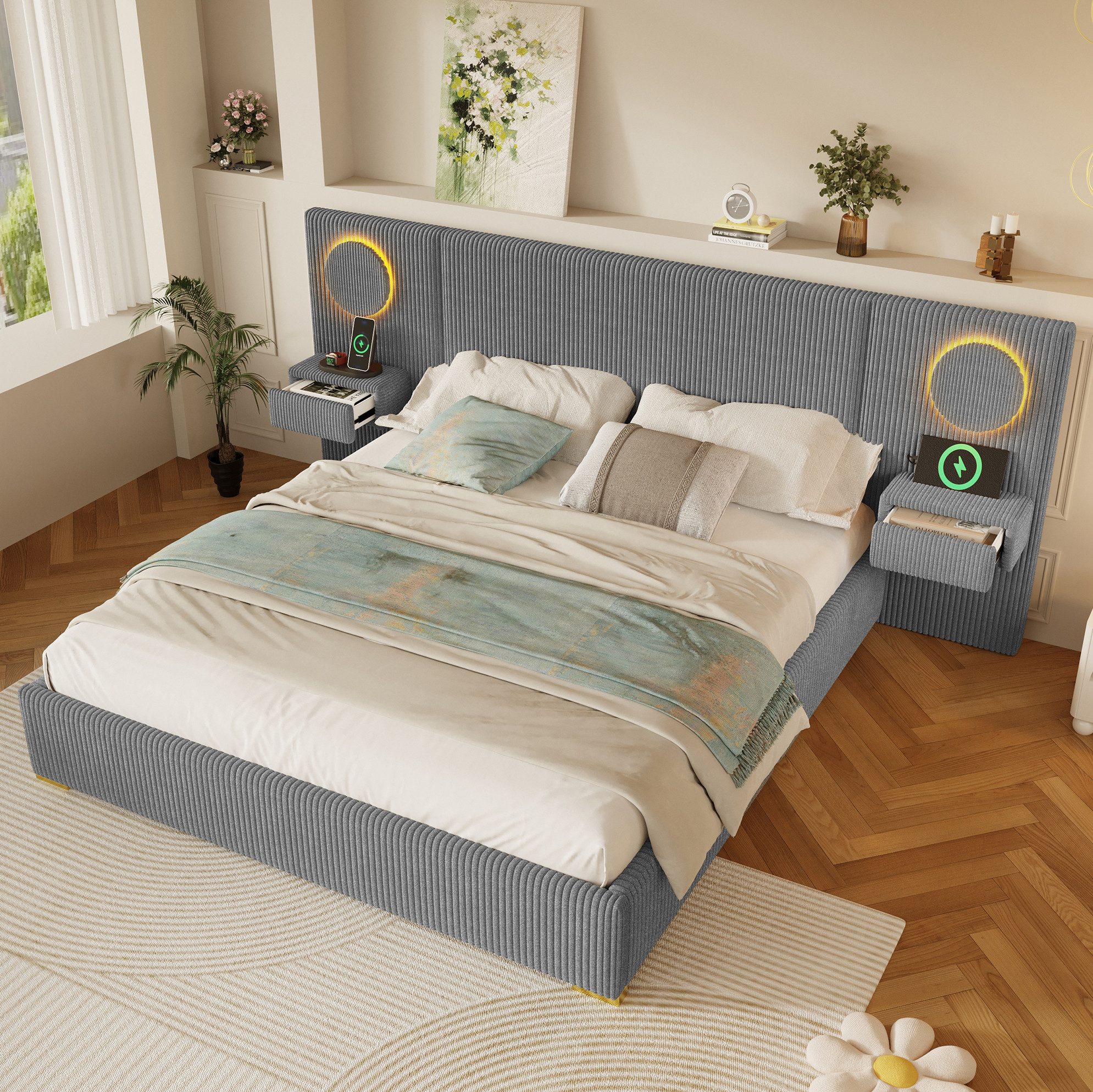 MODFU Polsterbett Bett mit Kopfteil aus Samt und LED Licht 180×200 cm Ohne Matratze (Packung, 1-tlg., Doppelbett Design Möbel mit Schubladen für moderne Schlafzimmer Grau), Schlafbett mit USB Port und integrierten Ablagen am Kopfbereich