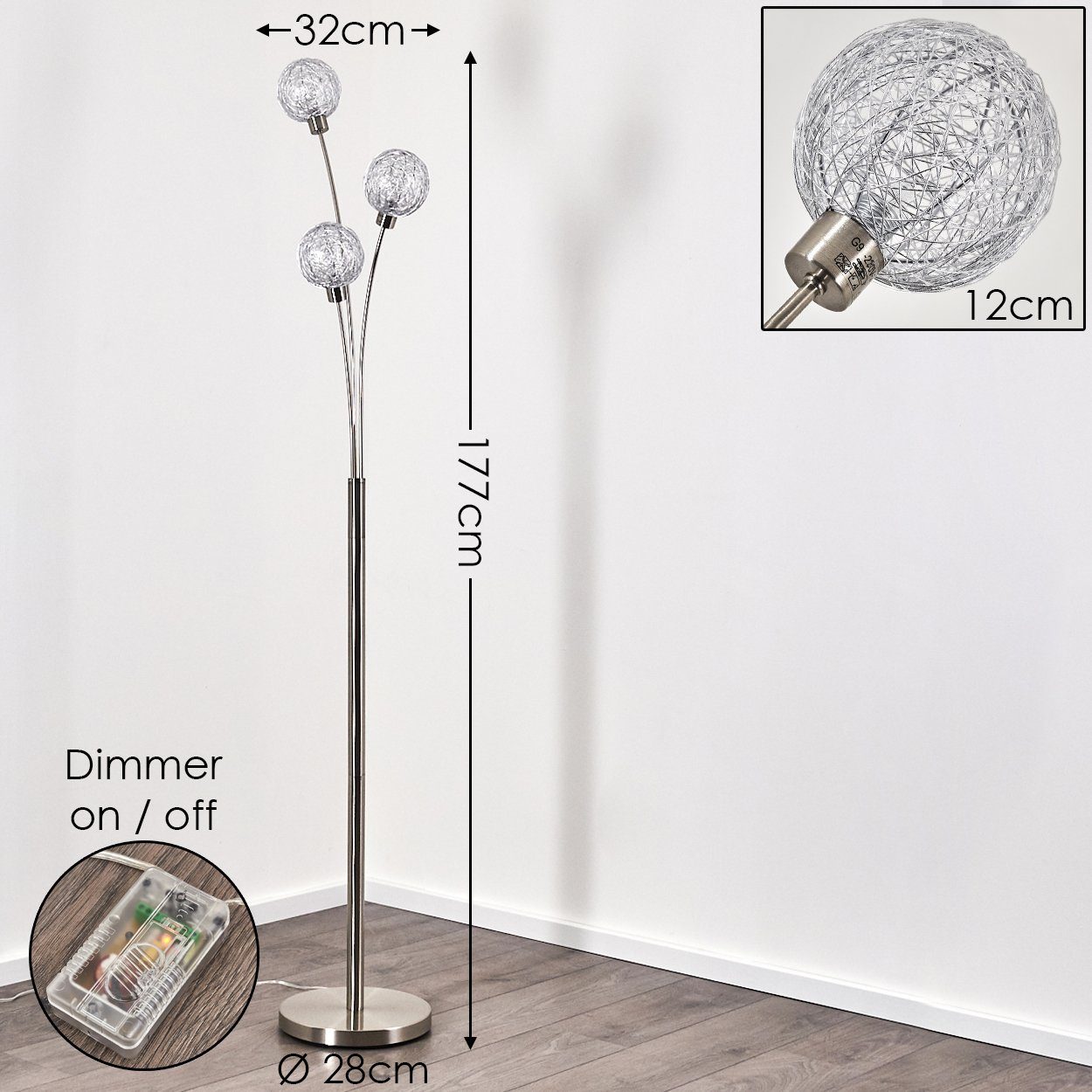 hofstein Stehlampe »Lerici« Stehleuchte Nickel-matt/Silberfarben, stufenlos dimmbar, ohne Leuchtmittel, mit 3 DrahtKugeln, G9, mit Fußschalter