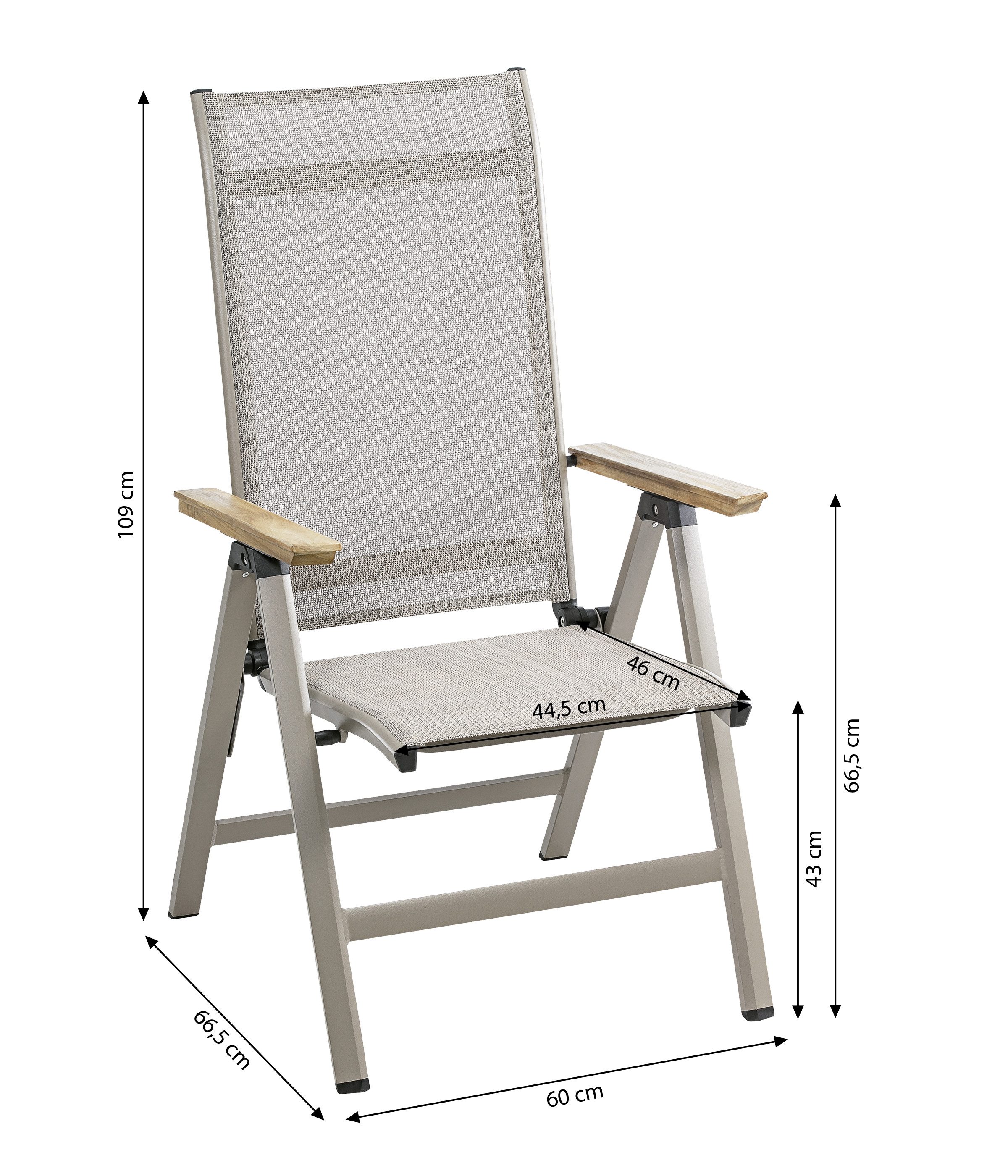 Dehner Gartenstuhl Klappsessel Cleveland, 109 x 60 x 66.5 cm, hellbraun, klappbarer Hochlehner mit Aluminiumgestell