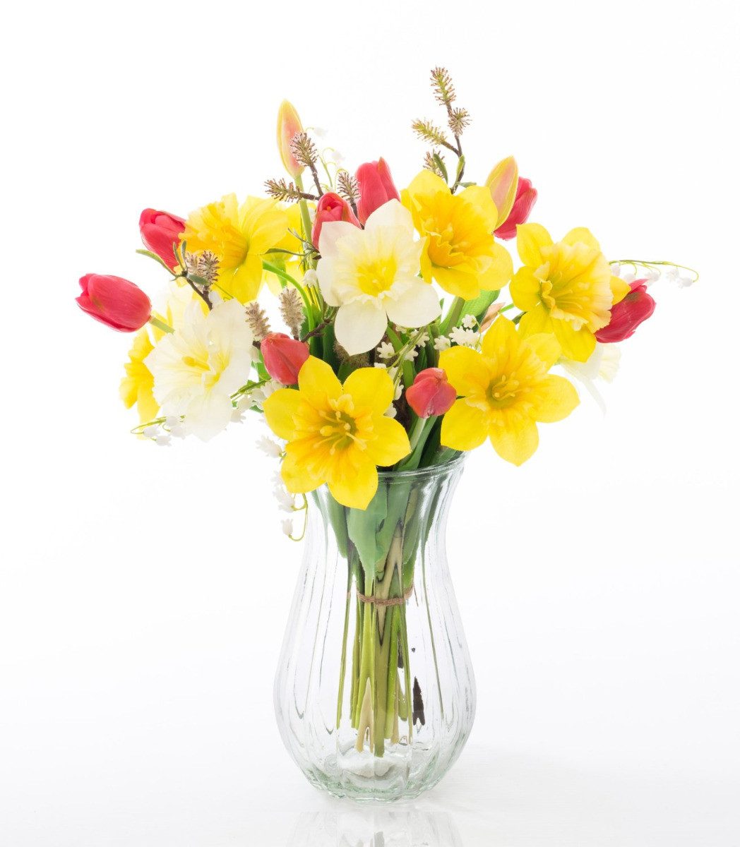 Kunstblumenstrauß Kunst Frühlingsstrauß MANULA, Narzisse, gelb-pink-weiß, 40cm, Ø30cm, artplants, Höhe 50.0 cm