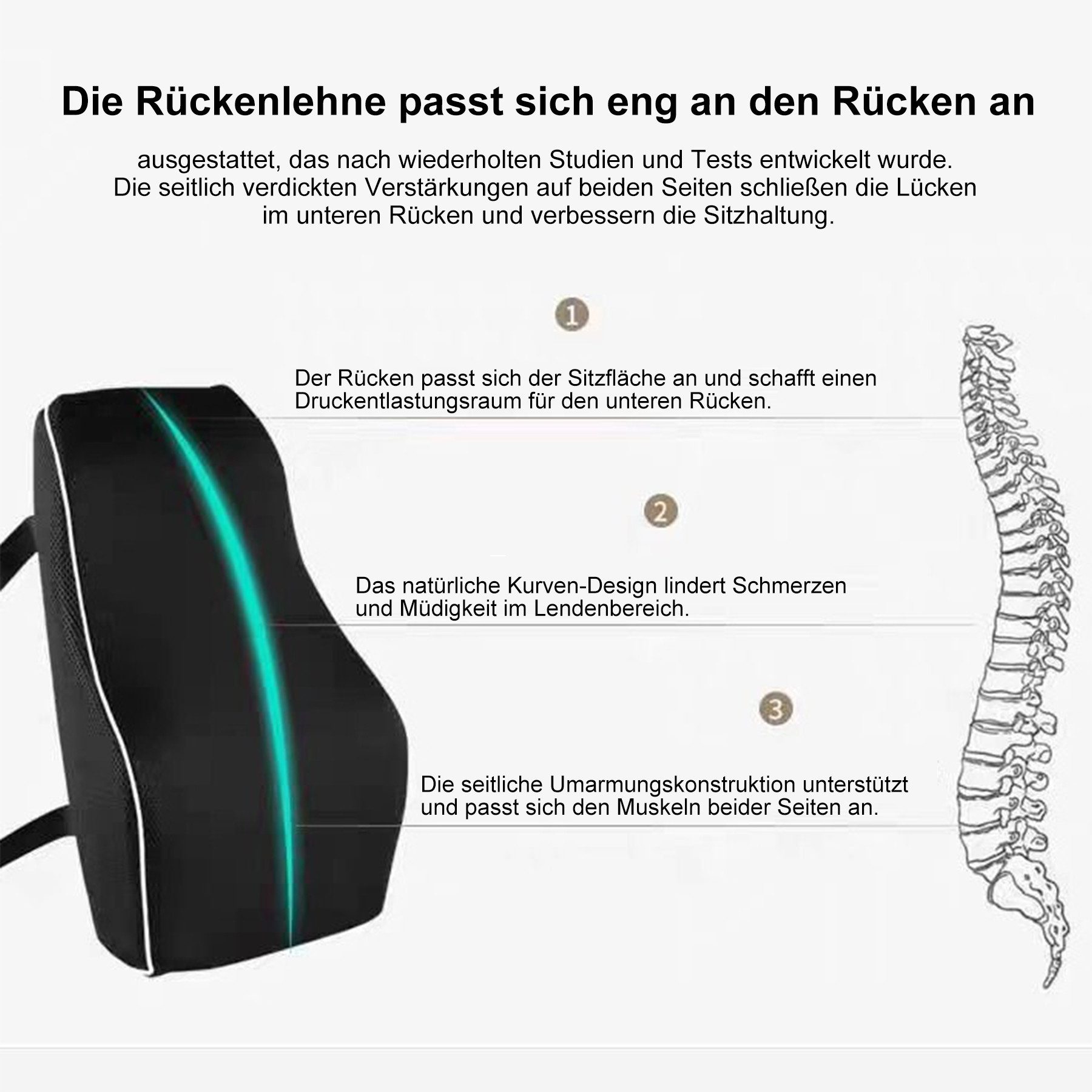 Mutig Rückenkissen Rückenkissen Auto, Lendenkissen aus Memory Foam, Lordosenstütze Auto, Lendenkissen für Bürostuhl, Ergonomisches Lendenwirbelstützkissen, Rückenkissen aus Memory Foam,Gaming-Stuhl, Rückenstütze, Schreibtischstuhl Lendenwirbelkissen mit Doppelte Verstellbare Riemen