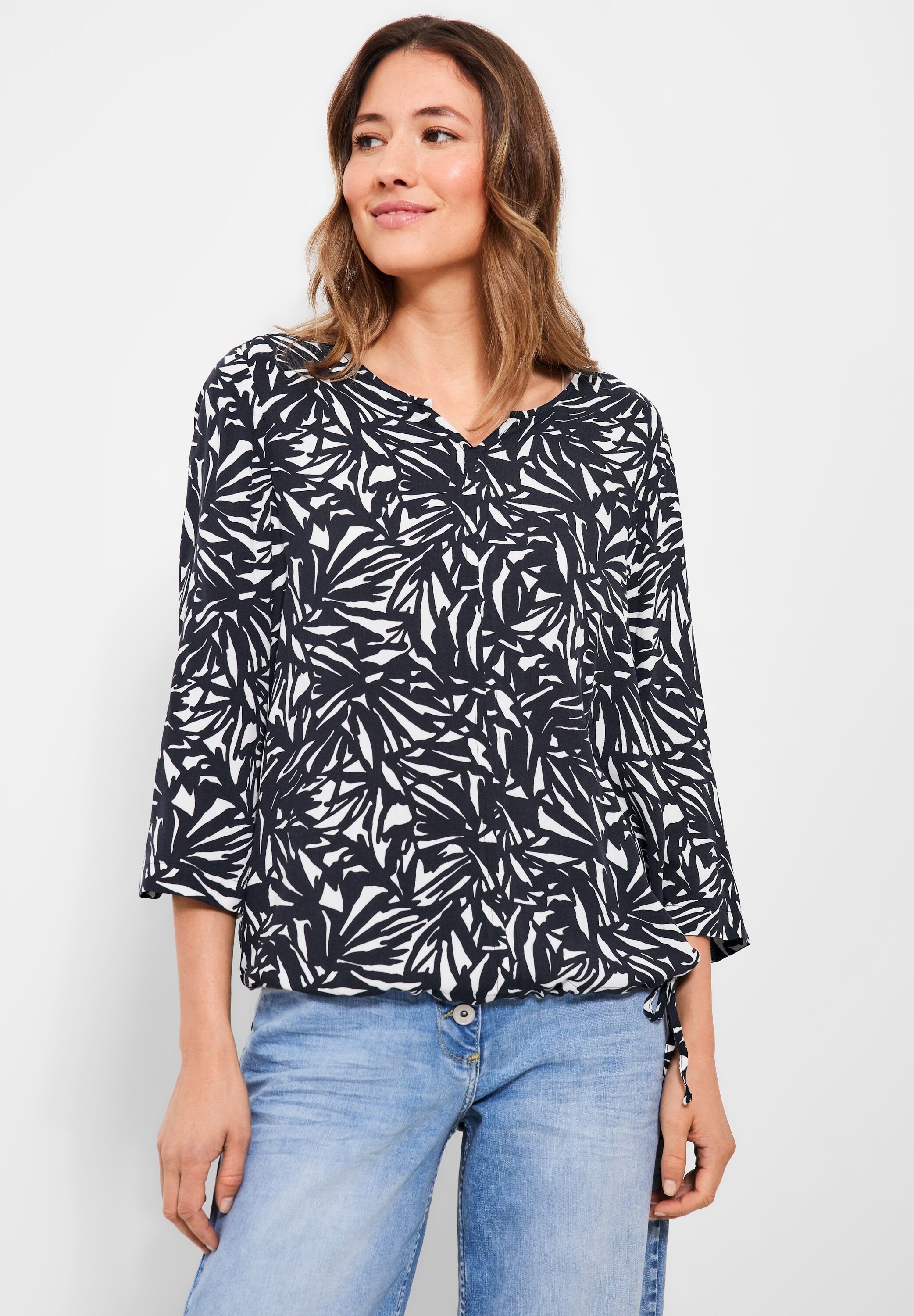 Cecil Klassische Bluse Cecil Print Bluse mit 3/4 Ärmel in Deep Blue (1-tlg) Tunnelzugbändchen