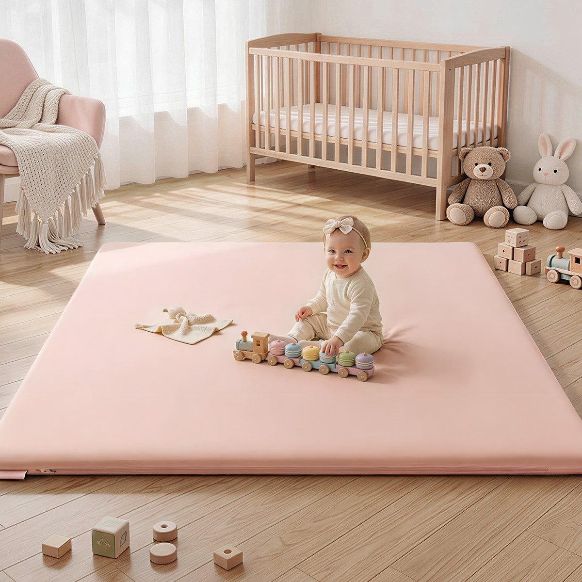 Comomy Treppenschutzgitter Ultraweiche Baby Krabbelmatte Laufstallmatte Kunstleder 127x127cm (3cm dicke Memory-Schaumstoffmatte, für Krabbeln & Bauchlage), Wasserdicht, Rutschfest