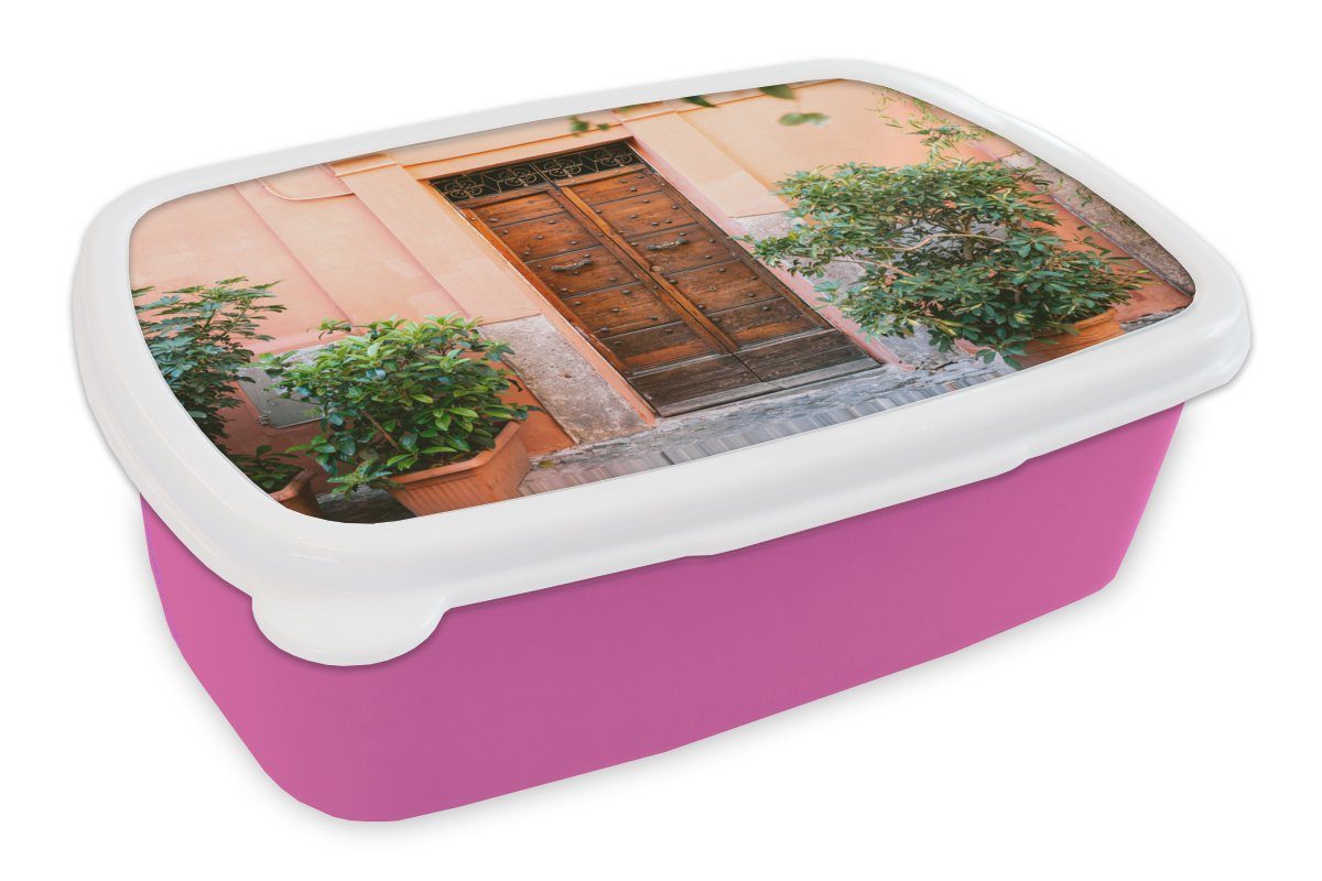 MuchoWow Lunchbox Tür - Holz - Pflanzen - Grün, Kunststoff, (2-tlg), Brotbox für Erwachsene, Brotdose Kinder, Snackbox, Mädchen, Kunststoff rosa