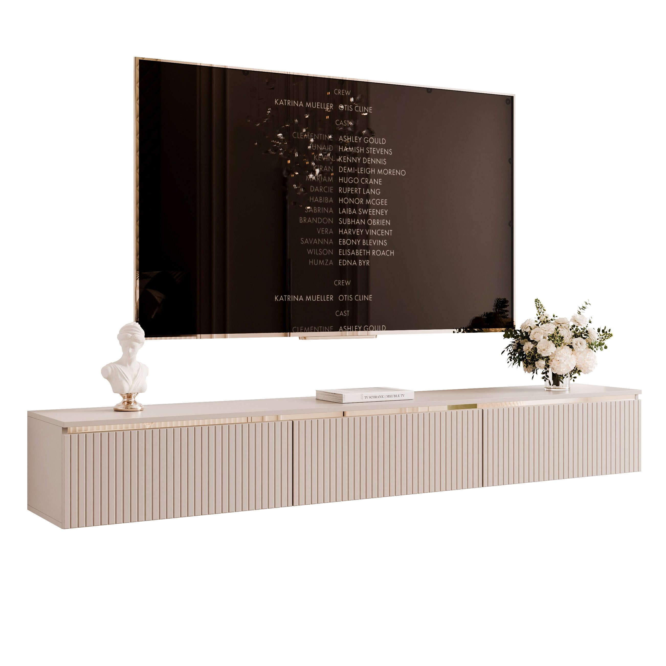 yourhouse24 Lowboard SELIA 200 in Kaschmir – 3D-Riffelung & Gold-Akzente