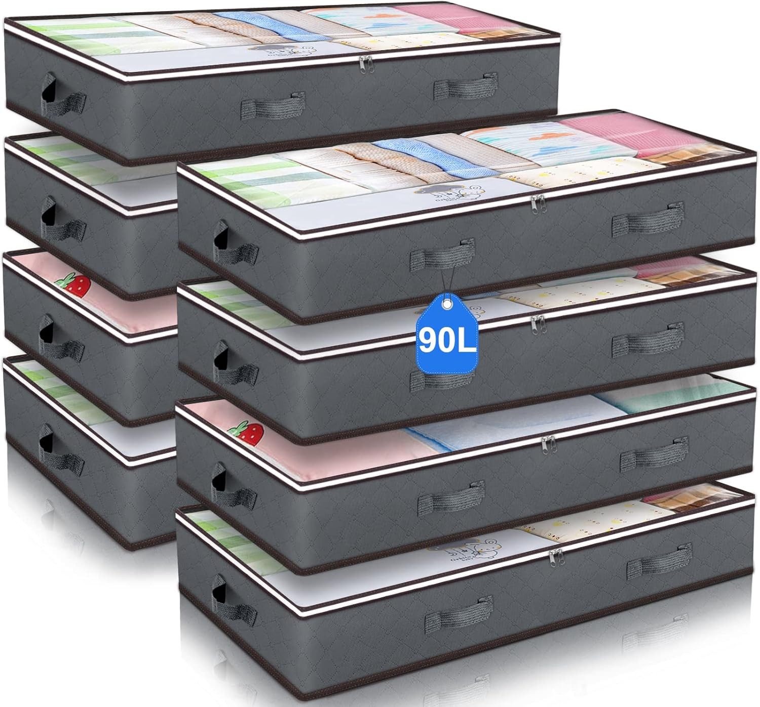 Refined Living Unterbettkommode 90L Aufbewahrungstaschen für unter dem Bett,4er Set,Aufbewahrungsbox (faltbare Organizer und Aufbewahrungsboxen, Schrankorganizer und Aufbewahrungsbehälter, Organisatoren mit Transparentes PVC-Fenster, Robuste Reißverschlüs