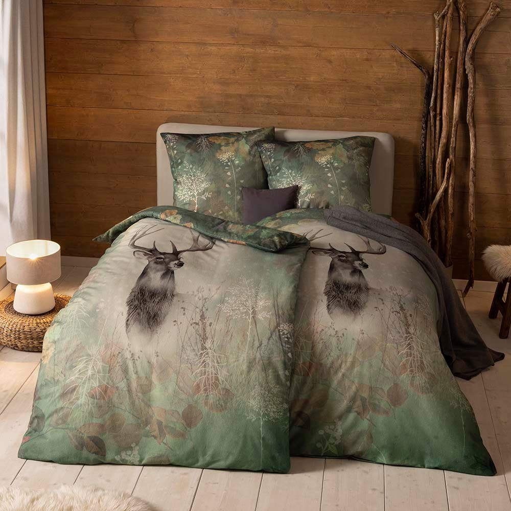 Estella Bettwäsche Estella Kuschel Flanell Bettwäsche 135x200 Wilbur moos Hirsch Gräser, Flanell, 2 teilig