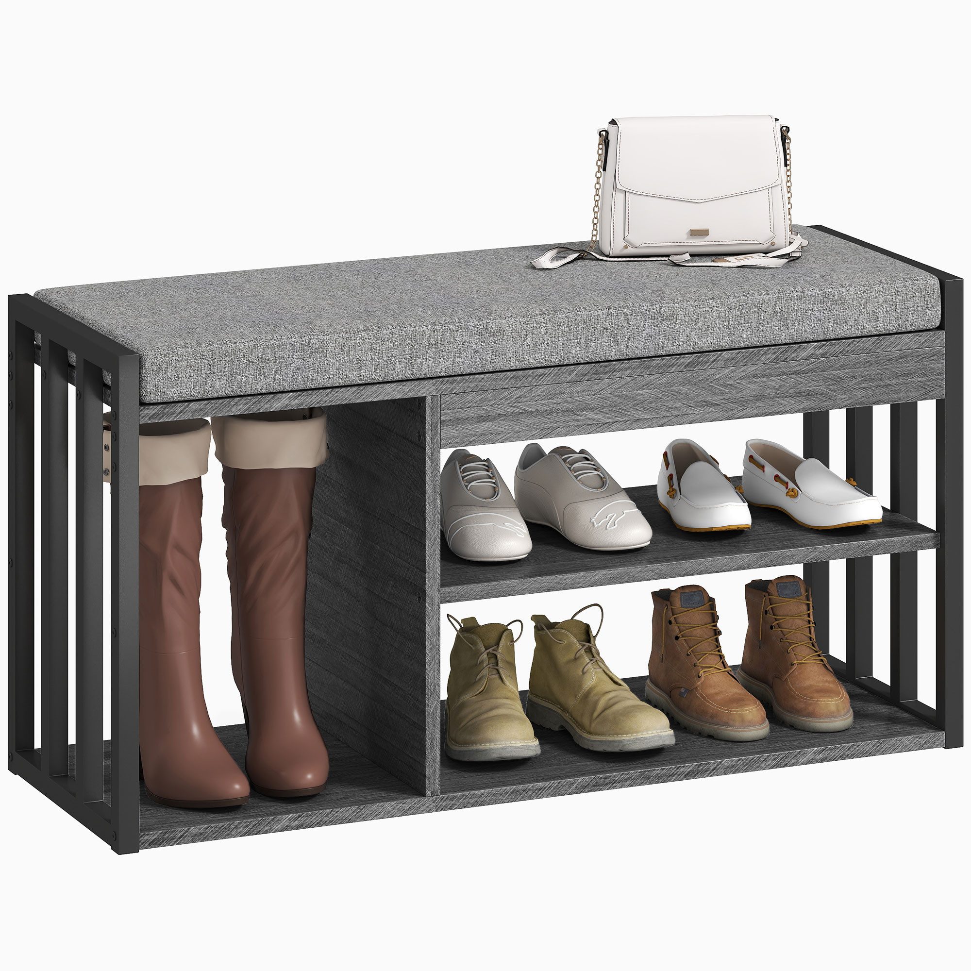HOMCOM Schuhbank Schuhregal mit Sitzfläche mit Stauraum, 3 Fächer (Flurbank, 1-St., gepolstert Sitzbank), für Wohnzimmer, Flur, 86 x 30 x 45,4 cm, Grau – Bild 2 von 5