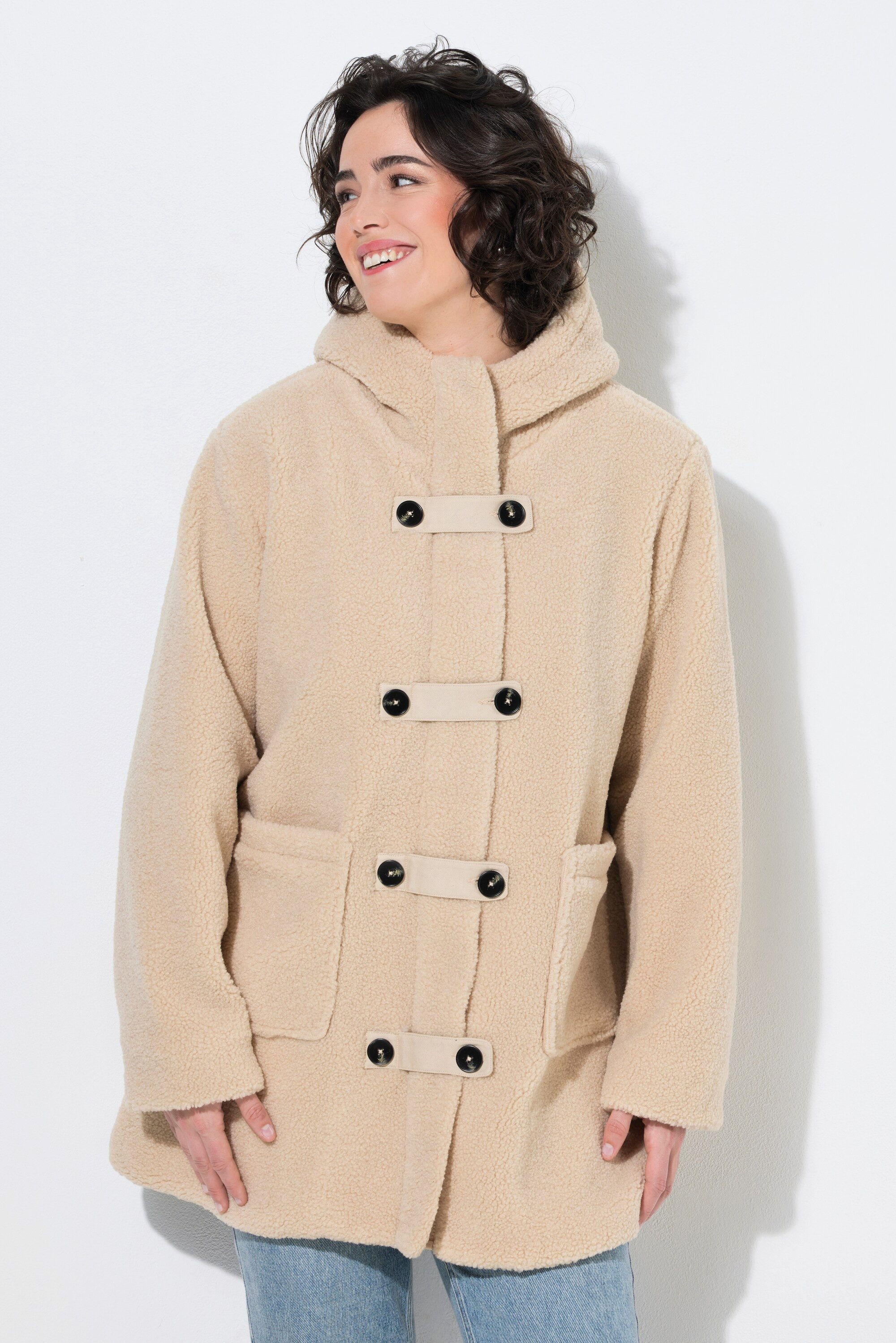 Ulla Popken Outdoorjacke Teddy-Jacke A-Linie Kapuze Knebelknöpfe