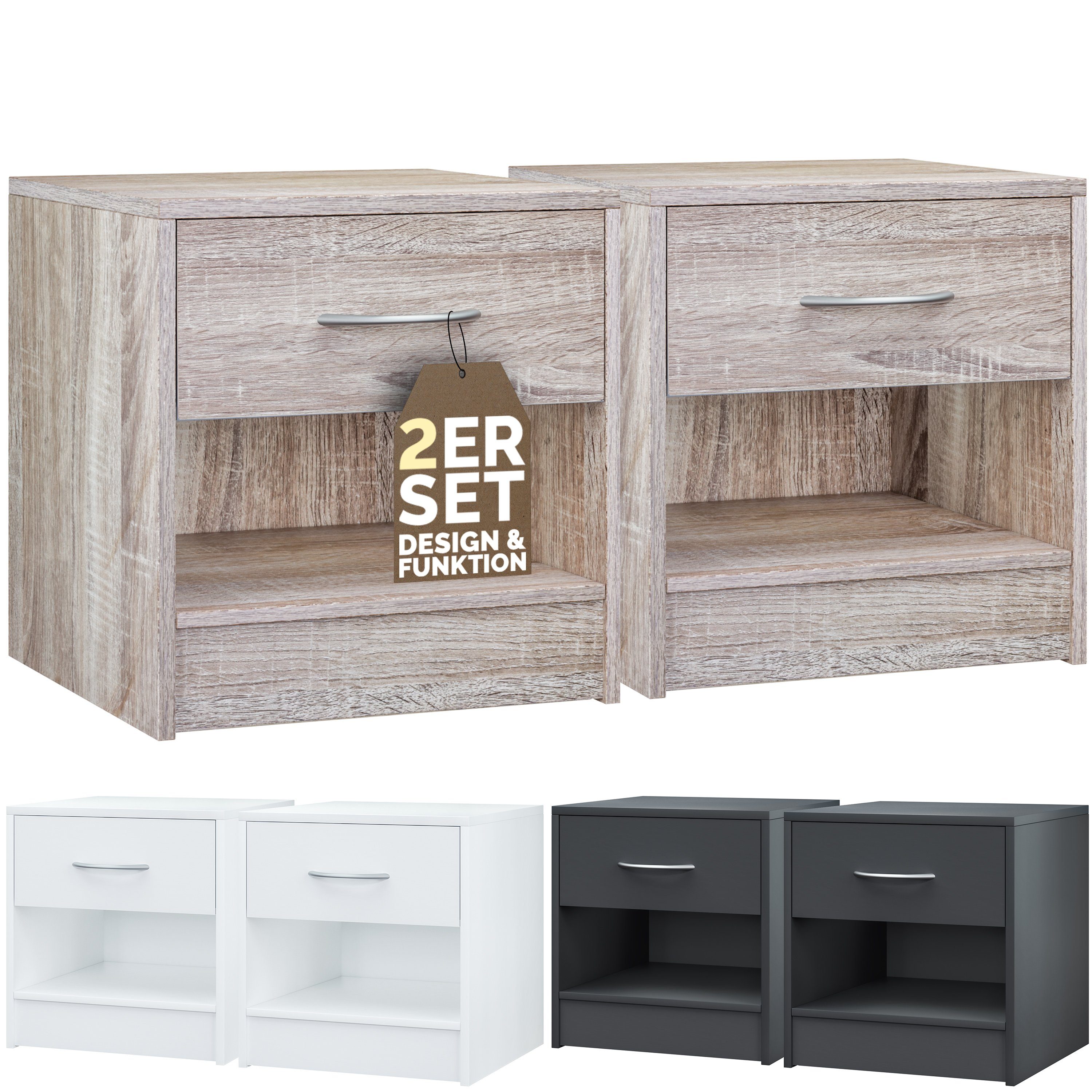 Casaria Nachttisch Kiel (2-St), mit Schublade 41x39x28cm Holz Modern Schlafzimmer Bett Nachtschrank