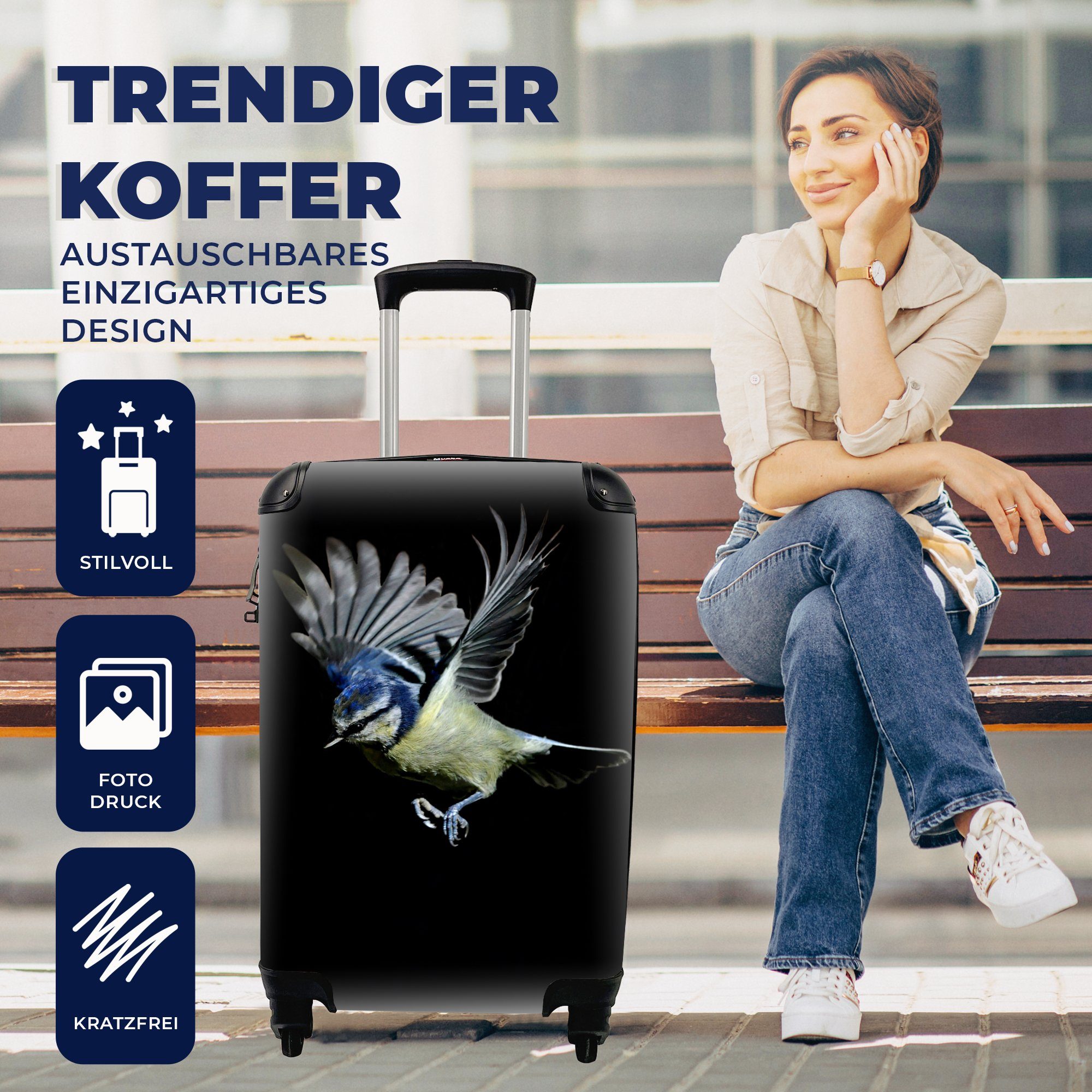 - 4 Reisekoffer Vögel Schwarz, rollen, für MuchoWow Handgepäck Rollen, Trolley, Federn - Ferien, Reisetasche mit Handgepäckkoffer