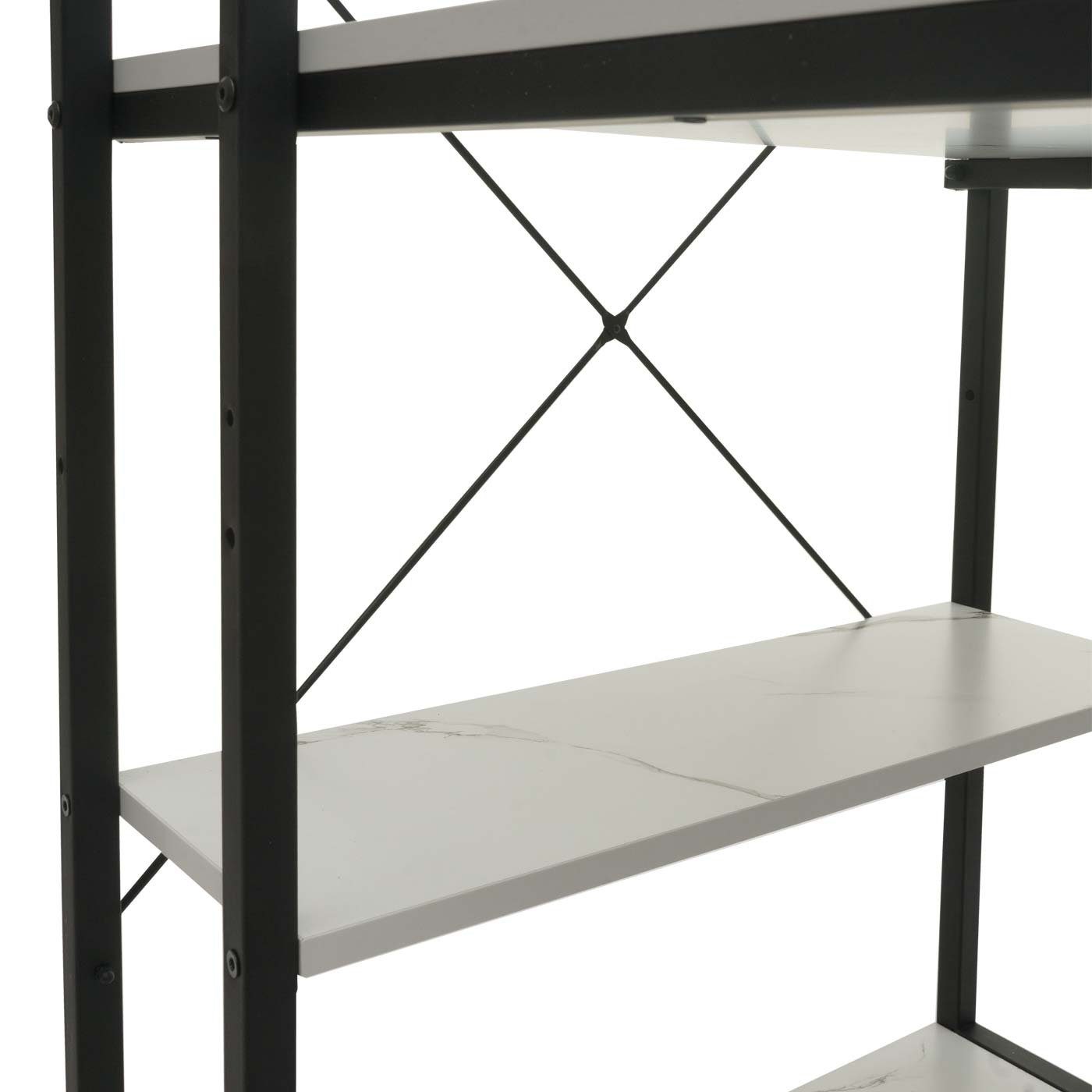 MCW Schreibtisch MCW-K81, Mit 4 mit Struktur Marmor-Optik Tischplatte weiß Regalböden, weiß | Marmor-Optik