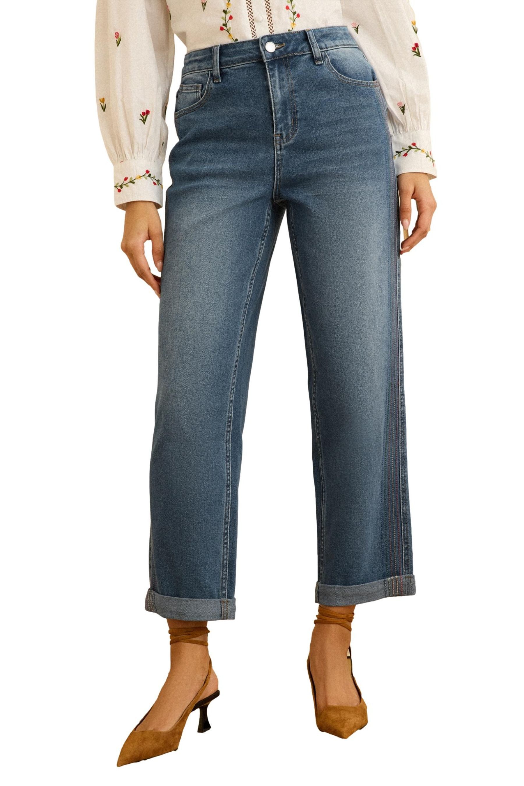 Love & Roses Weite Jeans Love & Roses Boyfriend-Jeans mit Regenbogennähten (1-tlg)