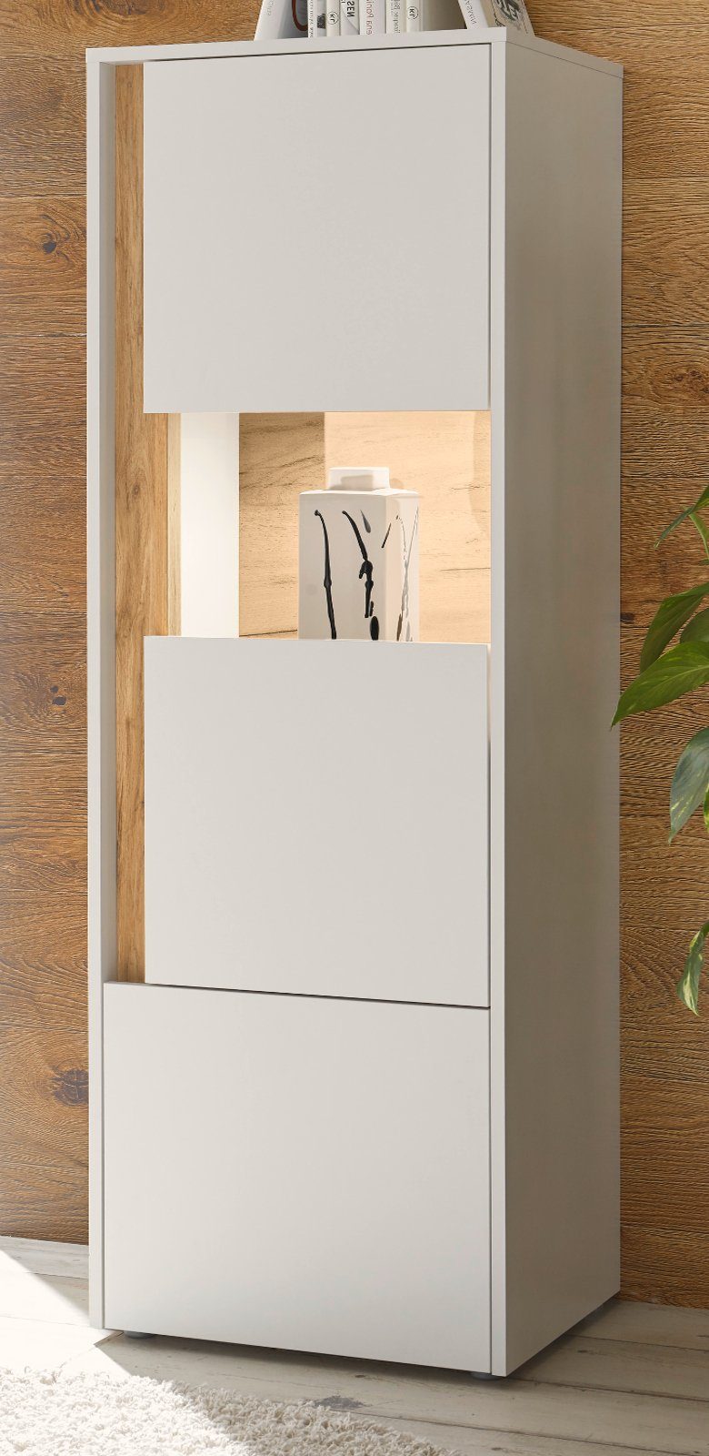 Furn.Design Stauraumvitrine Center (Midi-Schrank in weiß mit Wotan Eiche, 50 x 155 cm) 2-türig