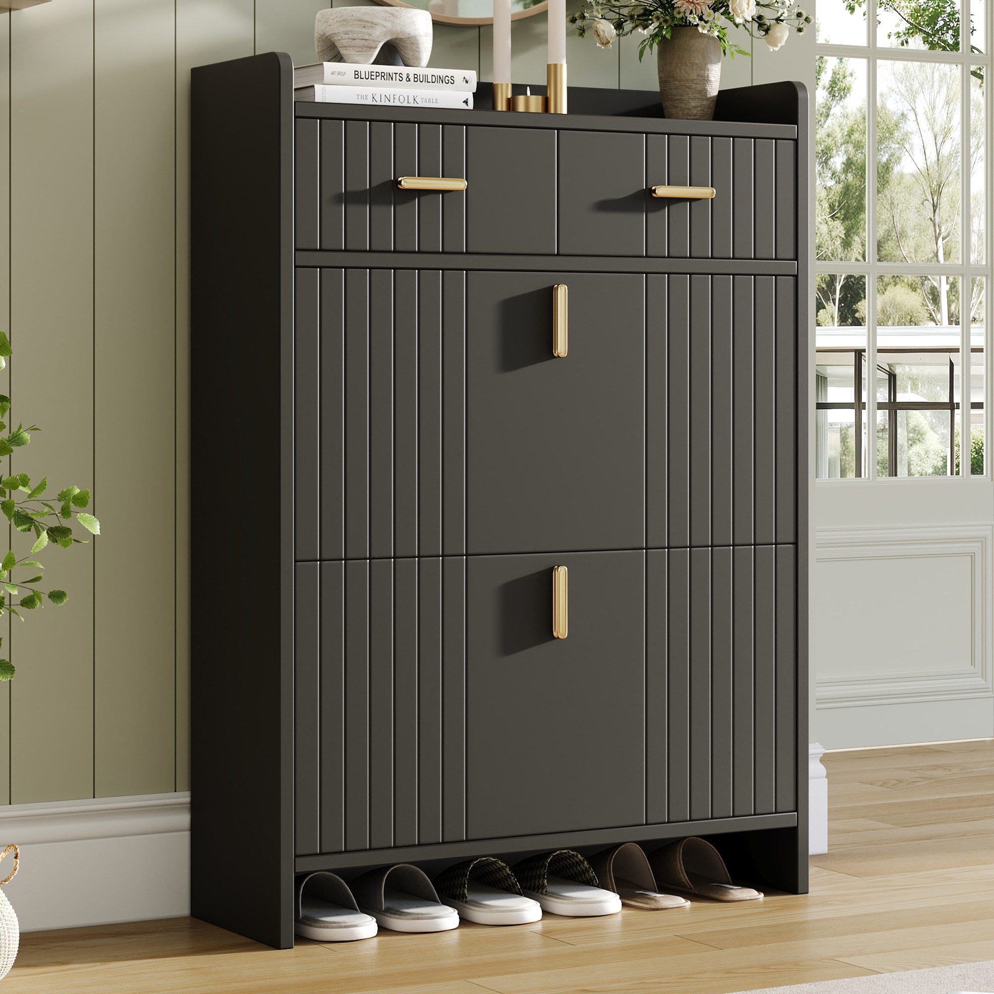 Flieks Schuhschrank Schuhkommode mit 2 Schublade, 2 Klappen und verstellbarer Einlegeböden (B75/T24/H108,5 cm, 1-St) Schuhregal Schuhkipper Flurschrank, doppelstöckiges Design Schwarz
