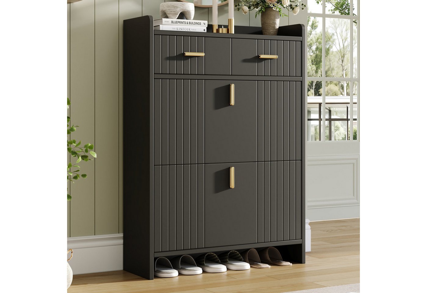 Flieks Schuhschrank Schuhkommode mit 2 Schublade, 2 Klappen und verstellbarer Einlegeböden (B75/T24/H108,5 cm, 1-St) Schuhregal Schuhkipper Flurschrank, doppelstöckiges Design Schwarz