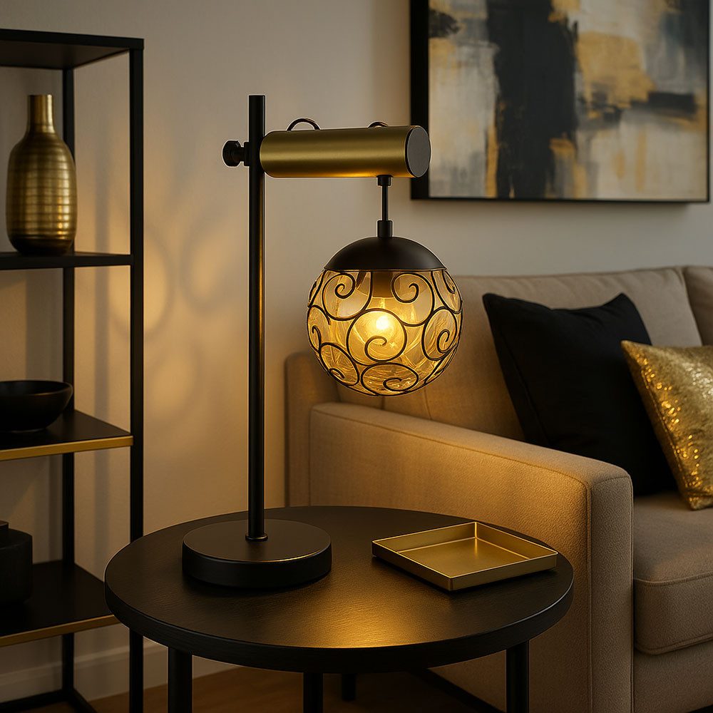 GLOBO LIGHTING Tischleuchte, Leuchtmittel nicht inklusive, Tischlampe Nachttischlampe höhenverstellbar schwarz gold H 55 cm