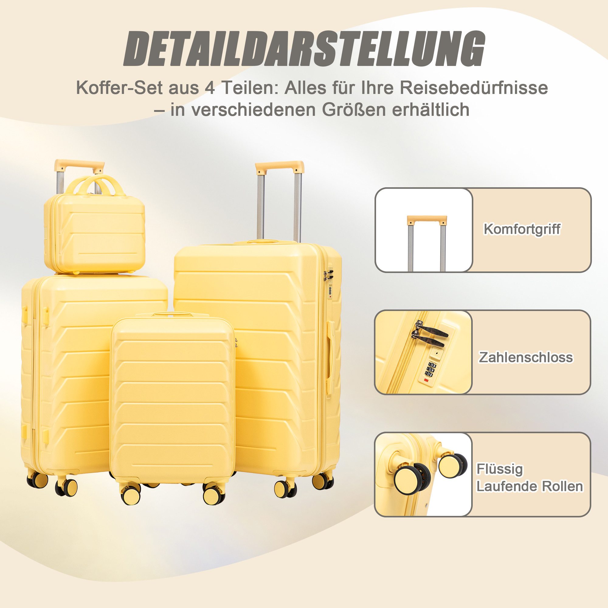 LVHOM Trolleyset 2/4 tlg., ABS Hartschalen 14"/19"/24"/28", leise Rädern für jede Tour, (Handgepäck, Kosmetiktasche, Aufgabegepäck, Kratzfest und wasserdich für einfache Reinigung. 360° Spinner-Räder mit Doppelreihenschutz und hoher Belastbarkeit. Teleskopgriff 3-stufig verstellbar. Innere Organisation mit Netzen, Gurten und Trennfächern., Kosmetikorganizer mit Tragegriff, Sicherungsschlinge), Geschäftstrip, Familienurlaub, längere Erkundungen, Flughafentransfers