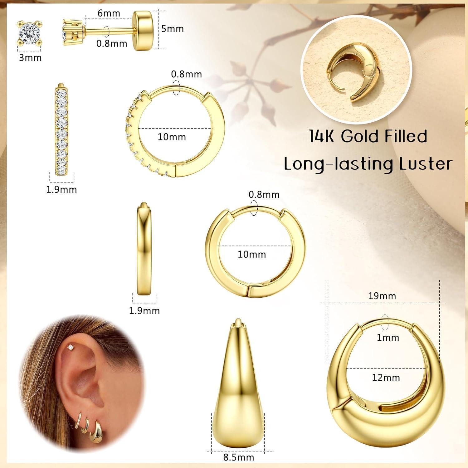 LuxusKollektion Ohrring-Set 4 Paar Damen Ohrringe Set Silber Gold Creolen Ohrstecker 14K Vergoldet