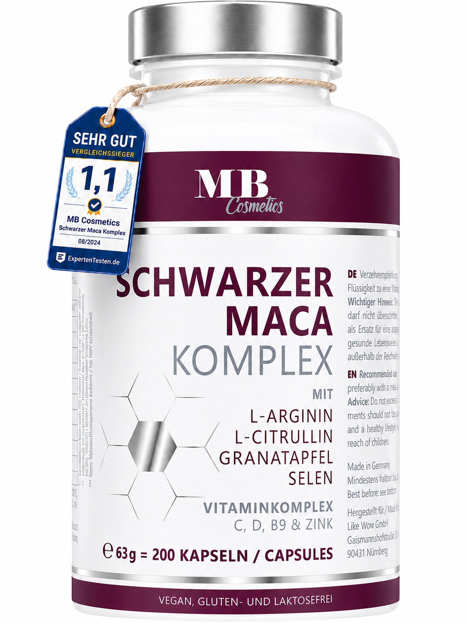 Medical Beauty Cosmetics Schwarzer Maca 4800 mg mit L-Arginin, Zink, Selen, Granatapfel, 200 Kapseln, 1 er Packung à 79 g, Vegan, mit L-Citrullin, hochdosierter 20:1 Maca Extrakt ohne Zusätze