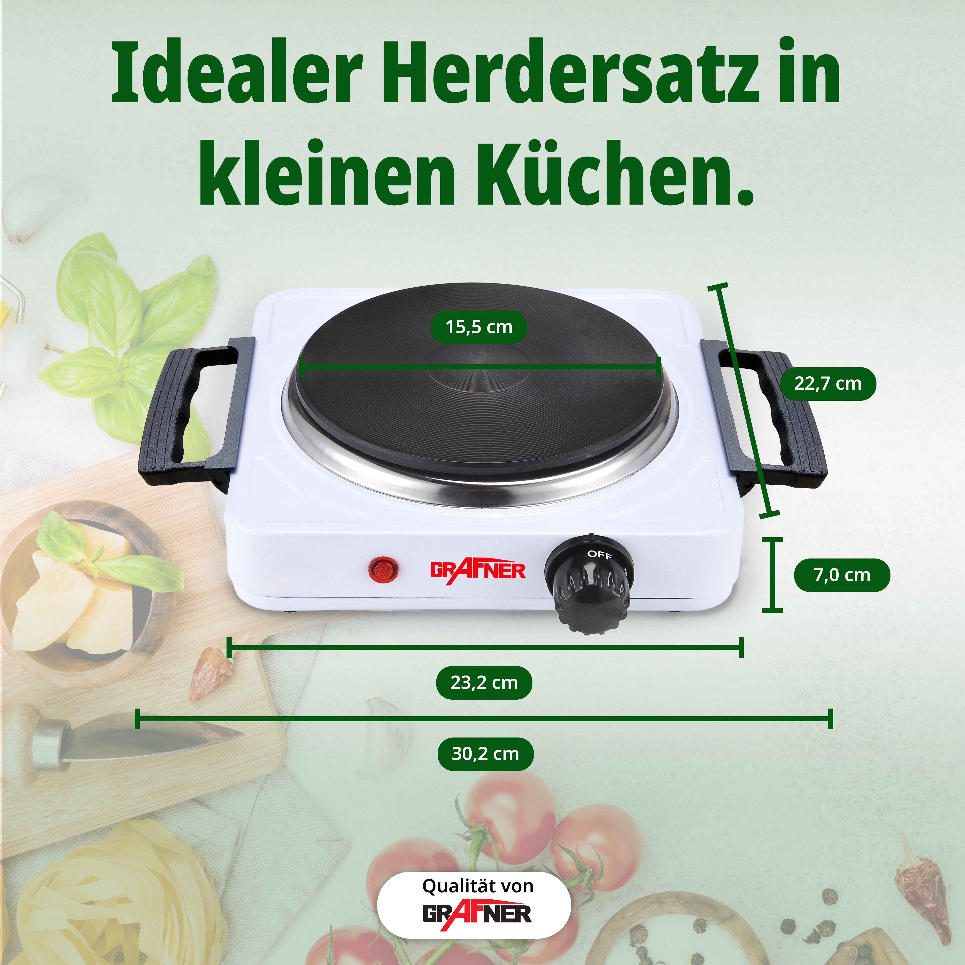 Grafner Einzelkochplatte Einzelkochplatte Kochplatte 1000 Watt klappbare Griffe Weiß elektrisch, 1000 Watt