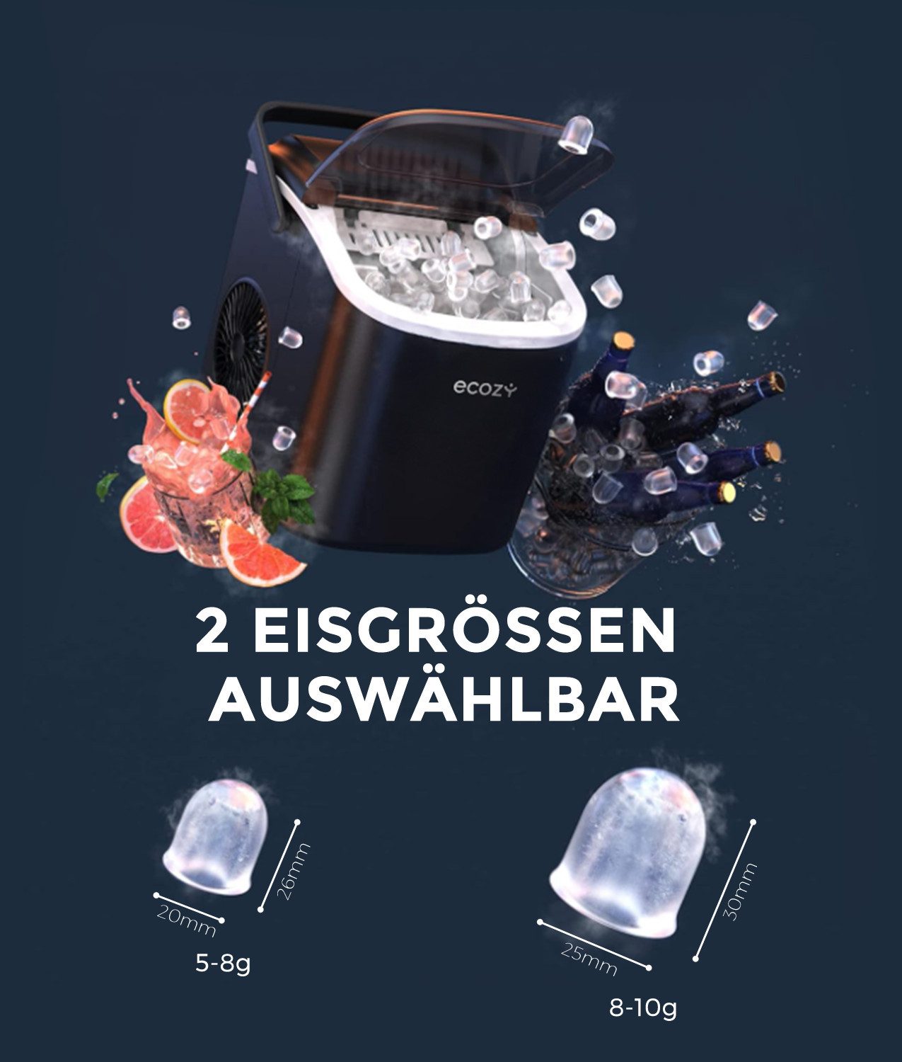 eCozy Eiswürfelmaschine Tragbar, 2 Eisgrößen, Selbstreinigung, Stummschalten, 9 Würfel in 6 Minuten Fertig, 12KG/24H, für Zuhause Party