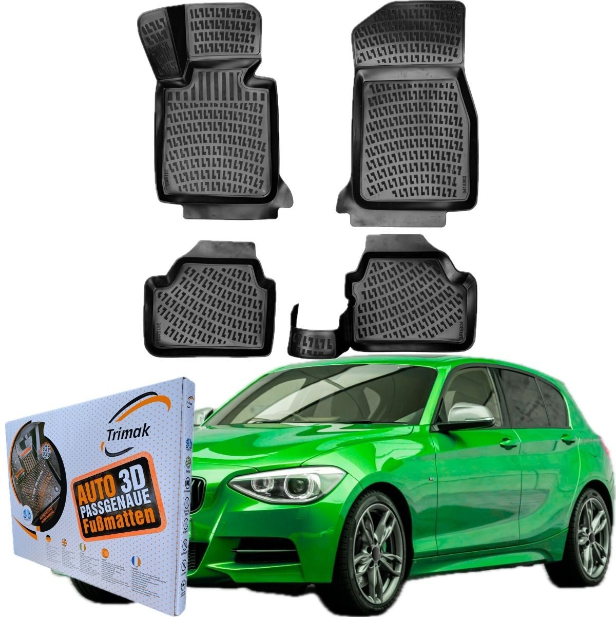 Trimak Passform-Fußmatten Oder Kofferraumwanne Oder Set kompatibel mit BMW 1 Series, BMW 1 Series F20/F21 2011-2019 Gummimatten Auto TPE Allwetter