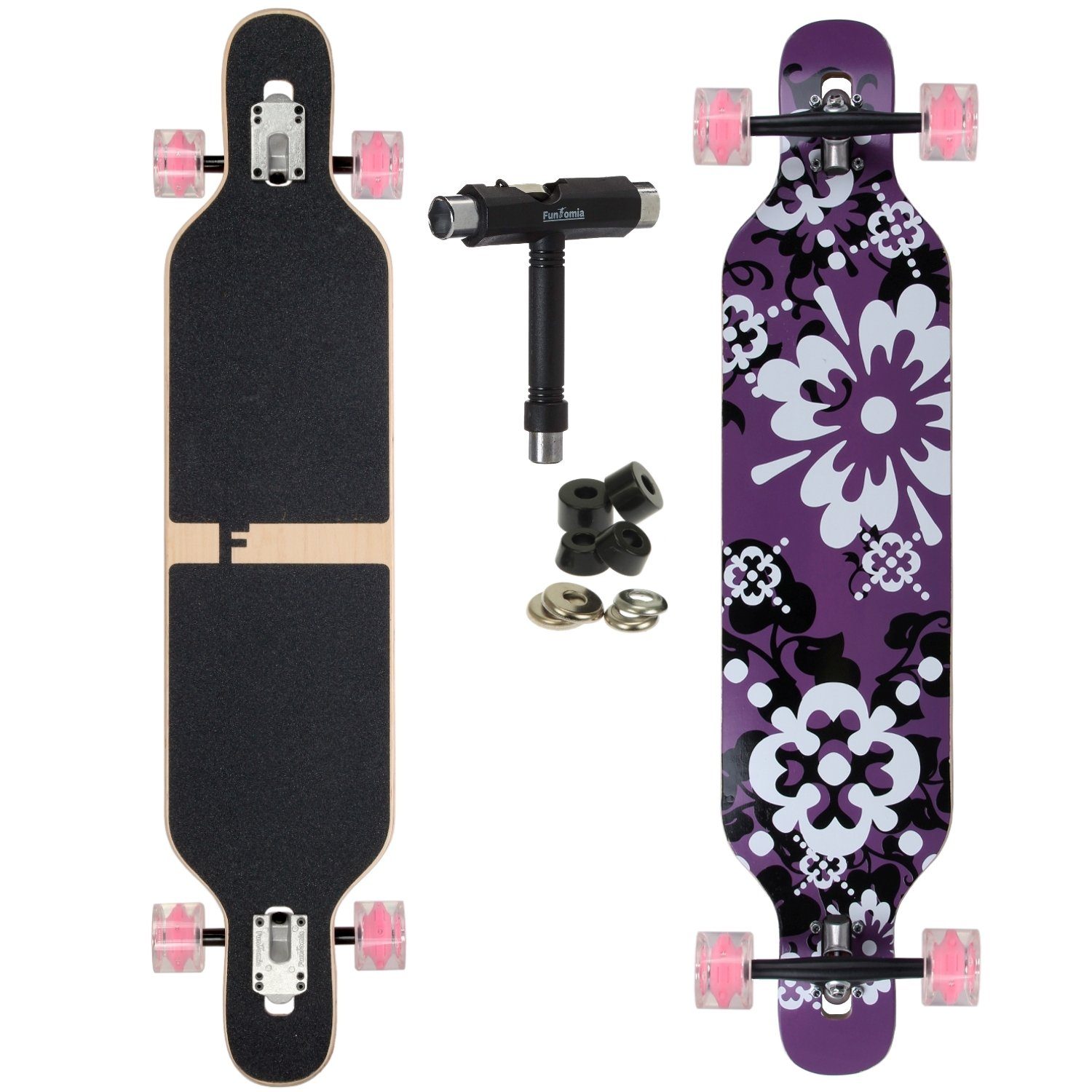 FunTomia Longboard Longboard in 3 Flex Stufen Camber Ahornholz + T-Tool mit LED Rollen, Camber Twin Tip