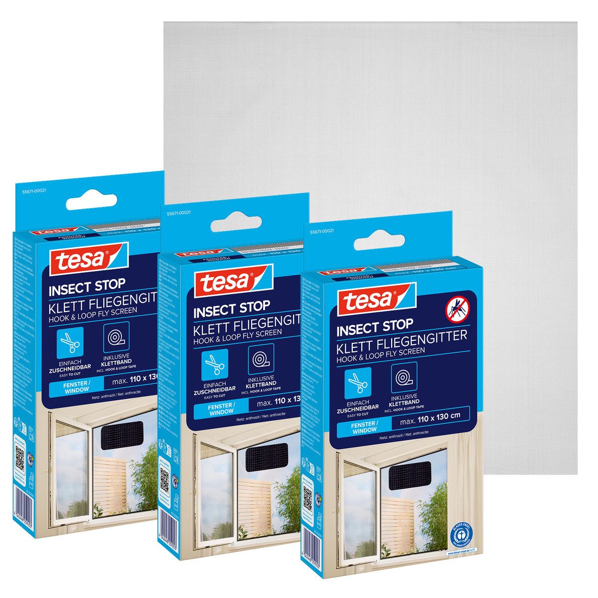 tesa Fliegengitter-Gewebe Klett Fliegengitter für Fenster - Insektenschutz, (Packung, 3-St., Fliegennetz, Klettband), INSECT STOP mit Klettband, zuschneidbar