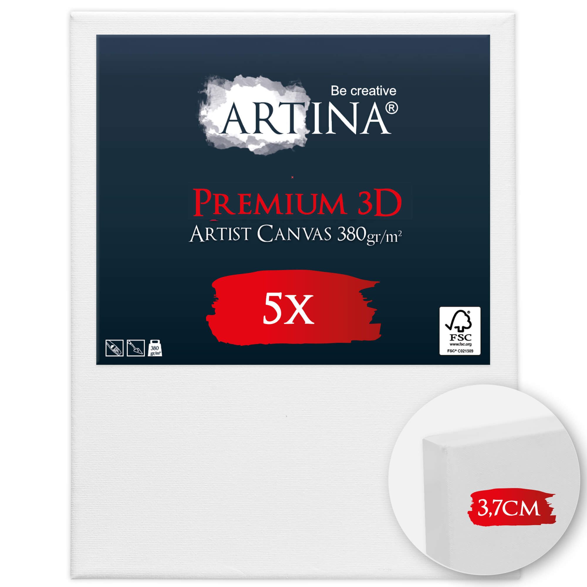 Artina Keilrahmen Keilrahmen Leinwand Premium 3D, 24x30cm, 5er Set, 380 g/m², verzugsfrei,3-fach weiß vorgrundiert,Premium Qualität, 100% Baumwolle