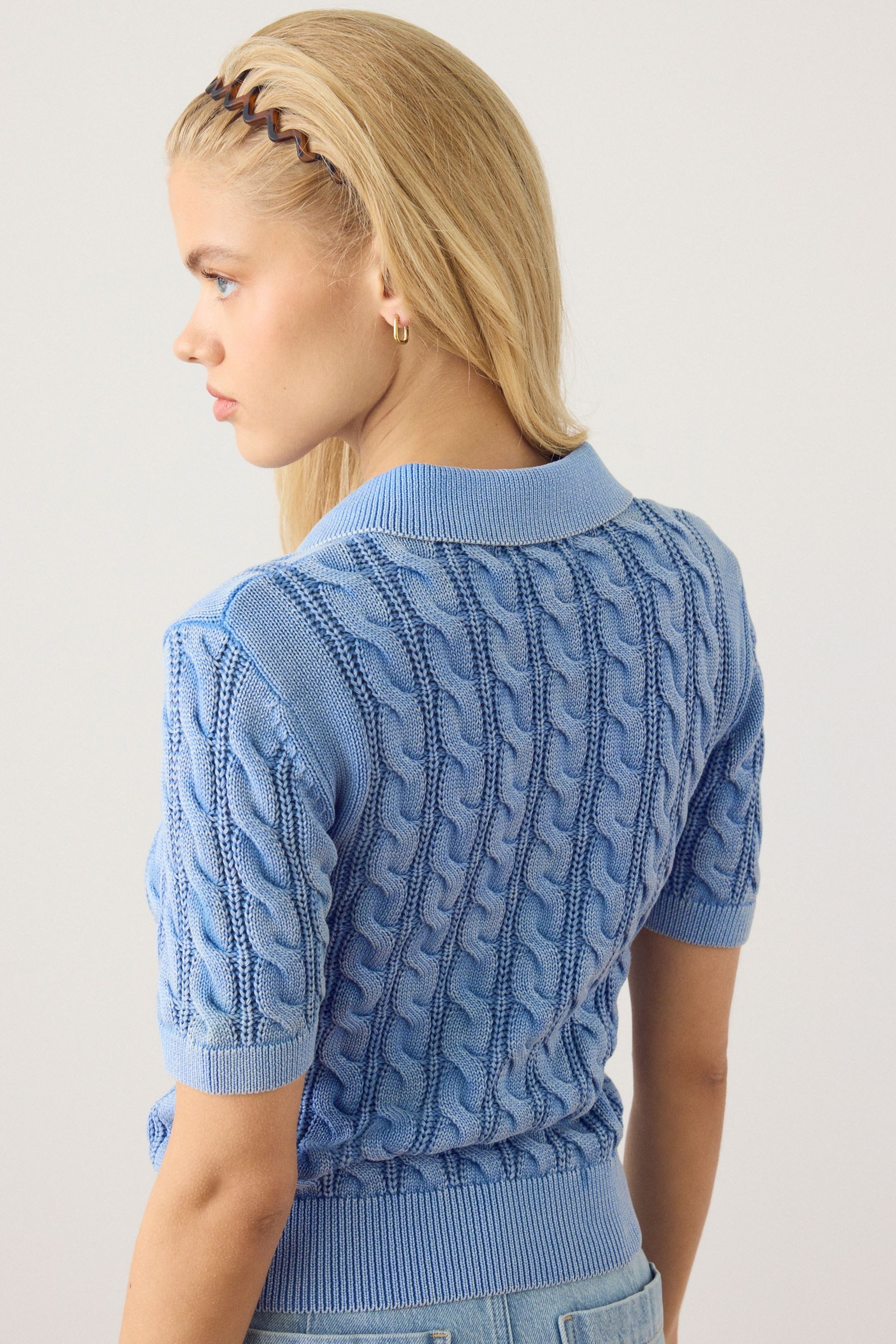 Next Polokragenpullover Gestricktes Polo-Kurzarmoberteil mit Zopfmuster (1-tlg)