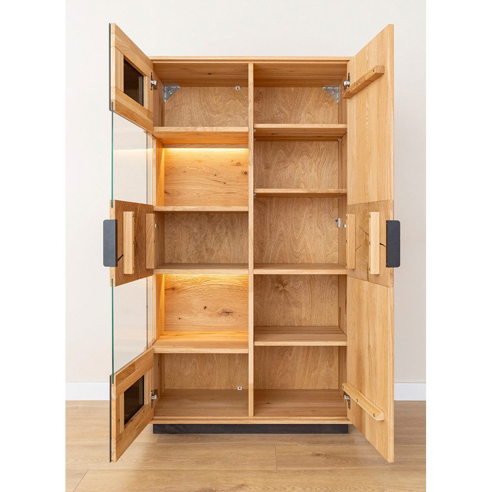 Lomadox Vitrine TIVAT-163 Eiche massiv geölt, 83 cm breit, stehend / hängend, inkl. Beleuchtung