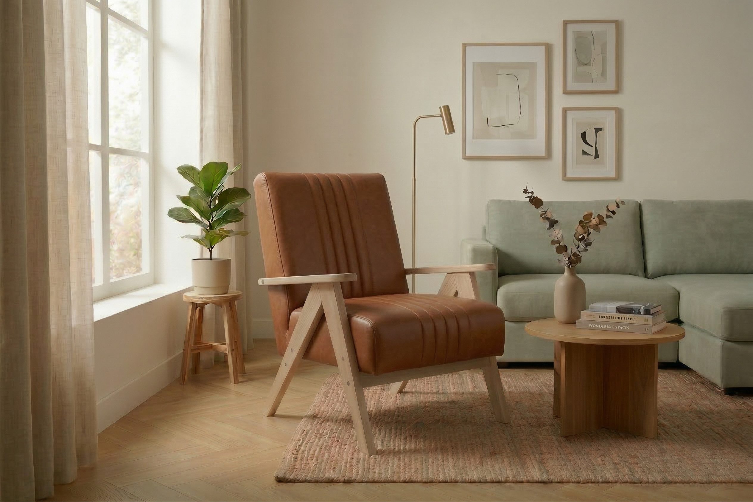 Friderik-EU Sessel ENZO Polstersessel mit Holzgestell Mid-Century Ledersessel Vintage, vertikale Steppungen am Rücken, leichtes Holzgestell