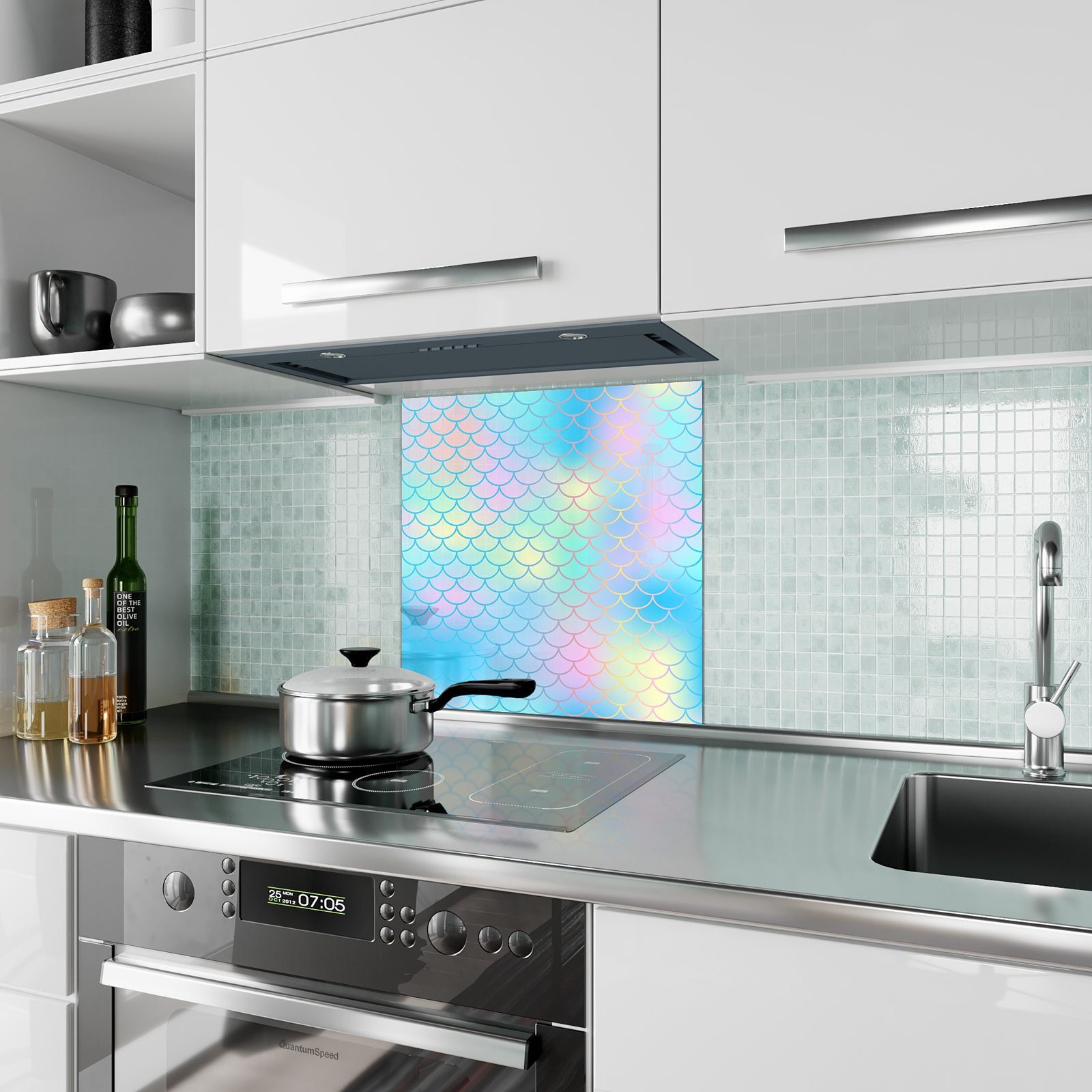 Buntes Küchenrückwand Küchenrückwand Spritzschutz mit Schuppenkleid Motiv Glas Primedeco